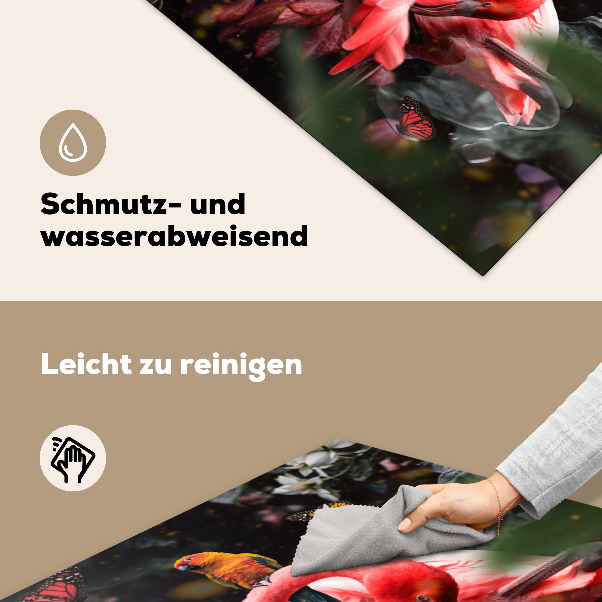 MuchoWow Herdblende-/Abdeckplatte Flamingo - Schmetterlinge Arbeitsplatte Ceranfeldabdeckung, küche (1 tlg), Vinyl, - für 78x78 cm, Dschungel