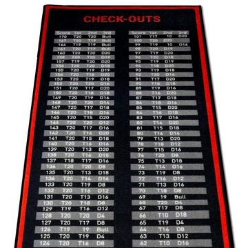 XQMAX Dartscheibe Dartteppich Check Out rot/schwarz, (Teppich, mit Motiv), Dartteppich rot/schwarz mit offiziellem Spielabstand von 2,37m