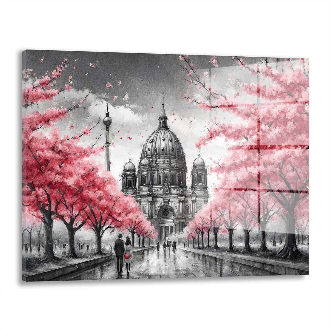 Artedinoi Acrylglasbild Berlin Bäume mit rosa Blätter Acrylglas Wandbild Bild Wanddeko XL