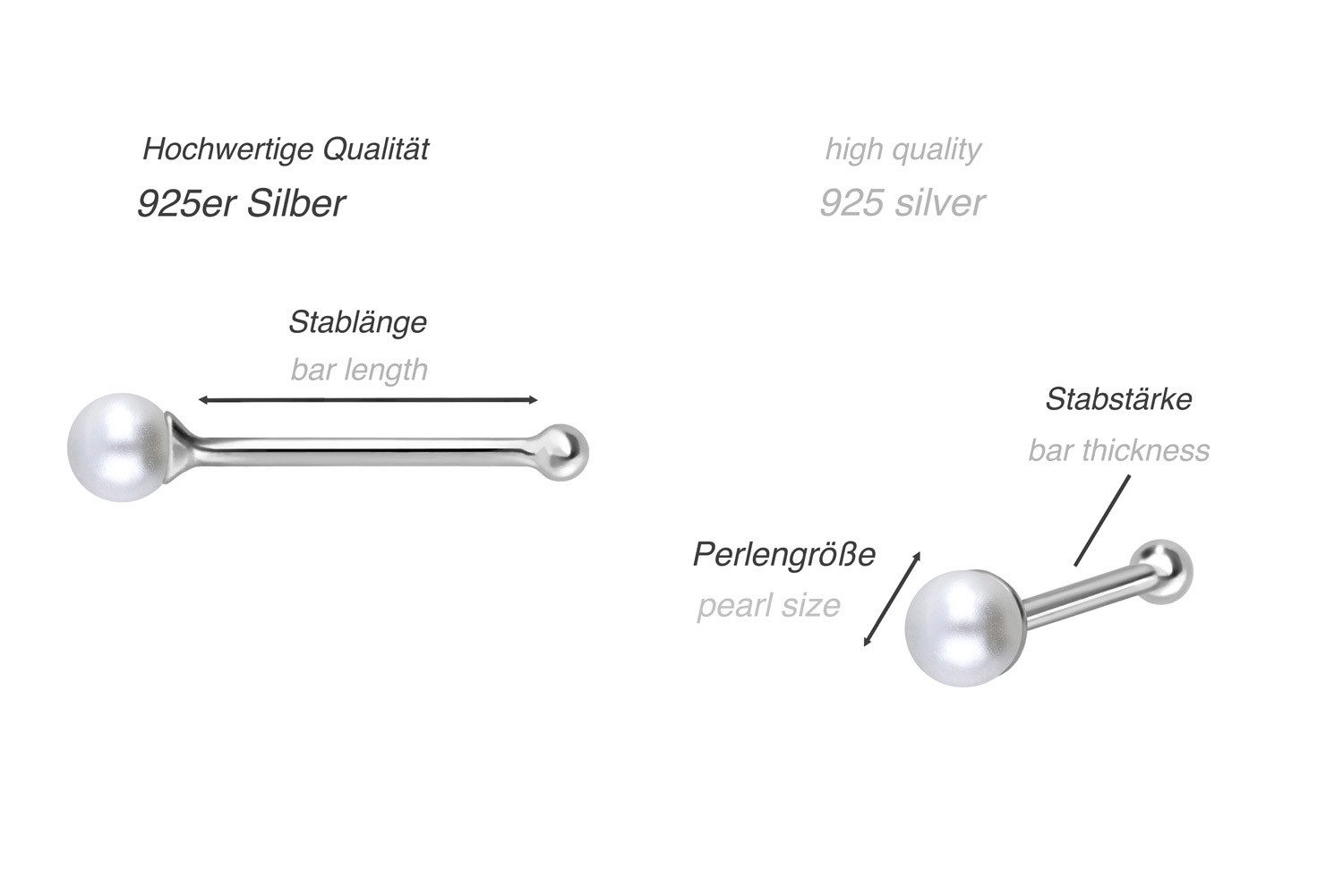 PIERCINGLINE Nasenpiercing SET 925er Silber Nasenstecker Pin SYNTHETISCHE PERLE (Nasenstecker, 3er SET)