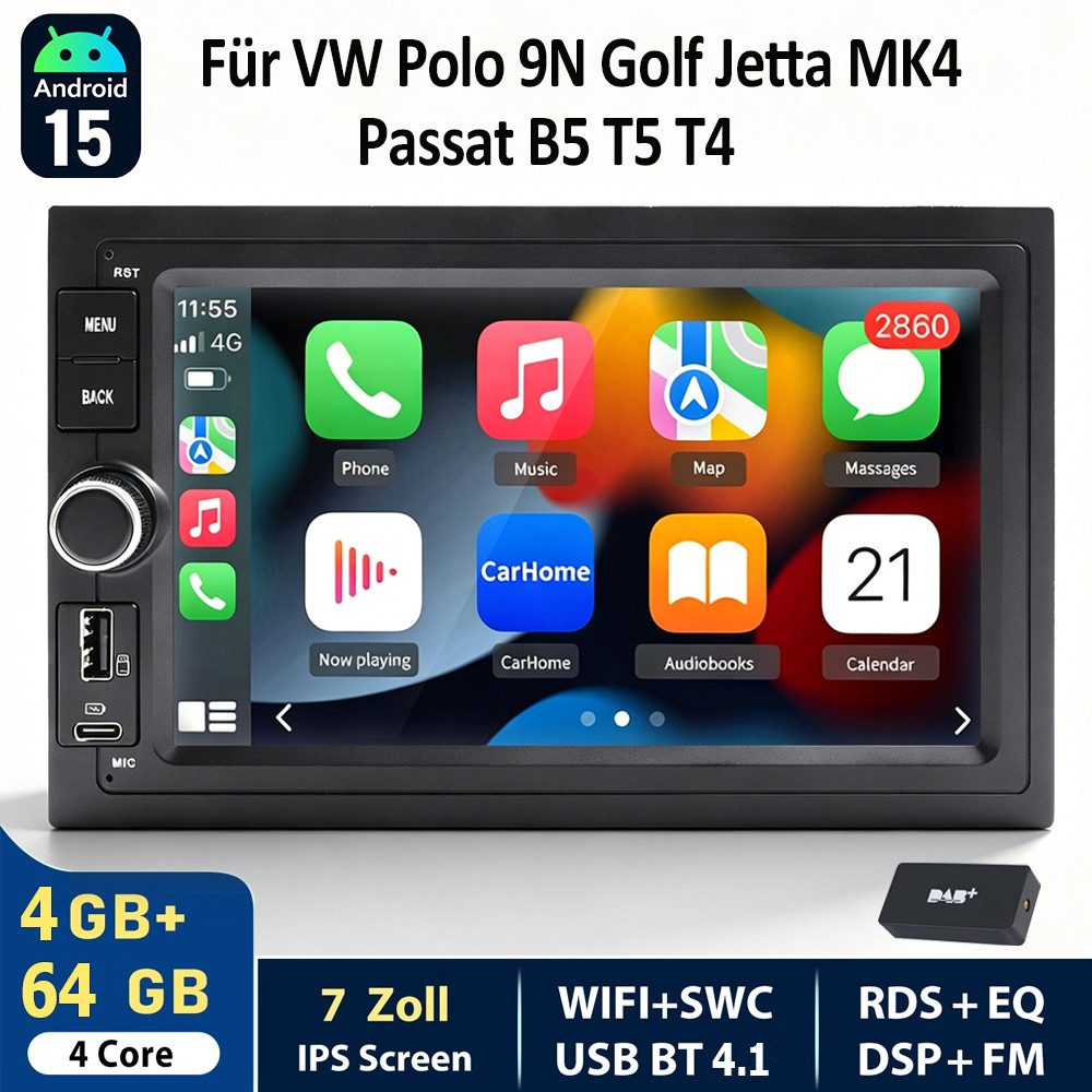 ESSGOO DAB+ Android 16 6+128GB Für VW Polo 9N Golf 4 Passat B5 T5 CarPlay GPS Autoradio (RDS, 4G LTE, Digitalradio (DAB), 6+128GB, FM, USB- und Type-C, SWC)