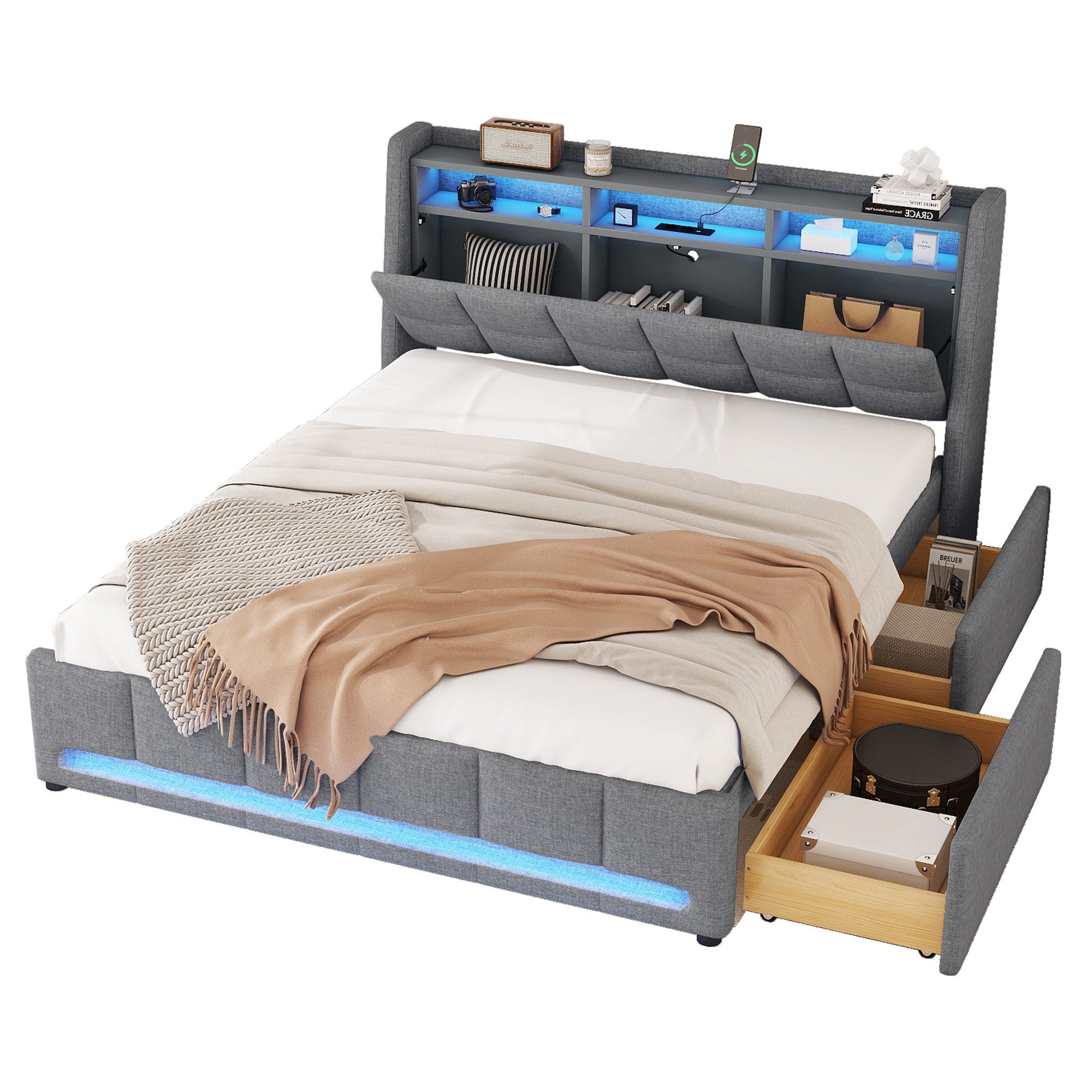 Flieks Polsterbett, APP-Fernbedienung-LED Doppelbett 140x200cm mit Schubladen Ladefunktion