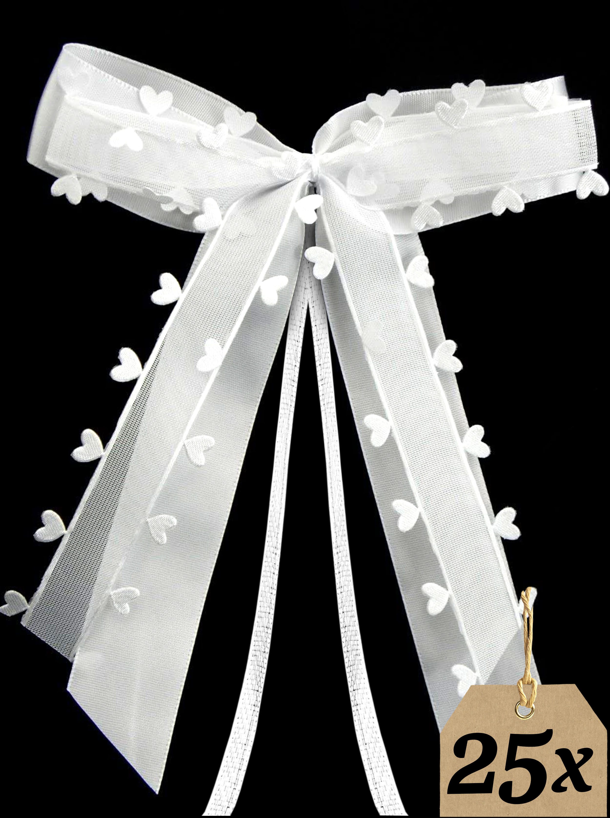 Praknu Dekoobjekt 25 Antennenschleifen Weiß mit Herzen N26 (Set, 25 St., 25 Antennenschleifen Weiß zum Binden), Handgemacht I Satinband I Hochzeit Schleifen