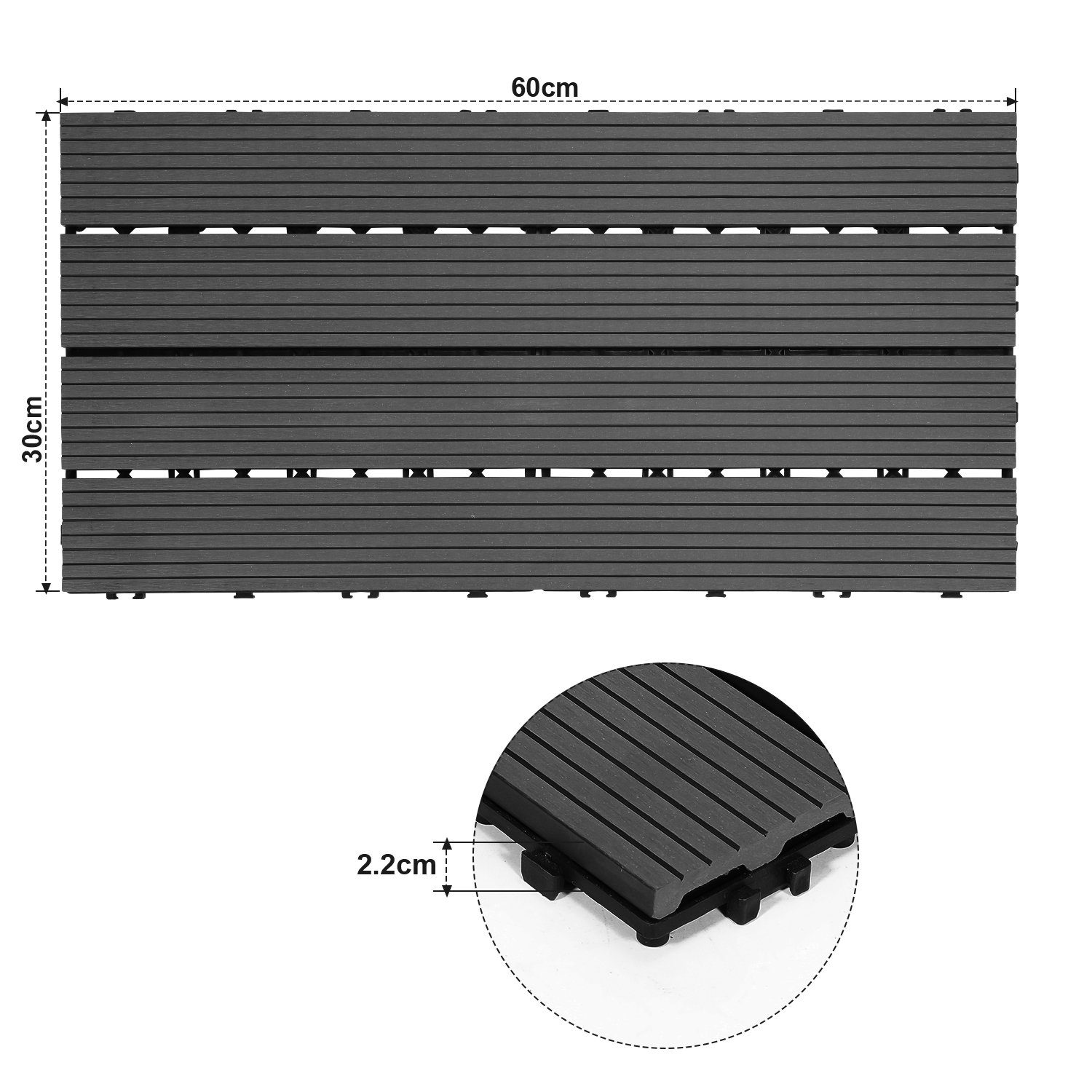 1m² TolleTour Drainage Klicksystem und Holzfliesen Holzfliesen Bodenbelag Terrassenfliesen mit 30x60cm Balkon, Holzoptik Anthrazit in für Garten