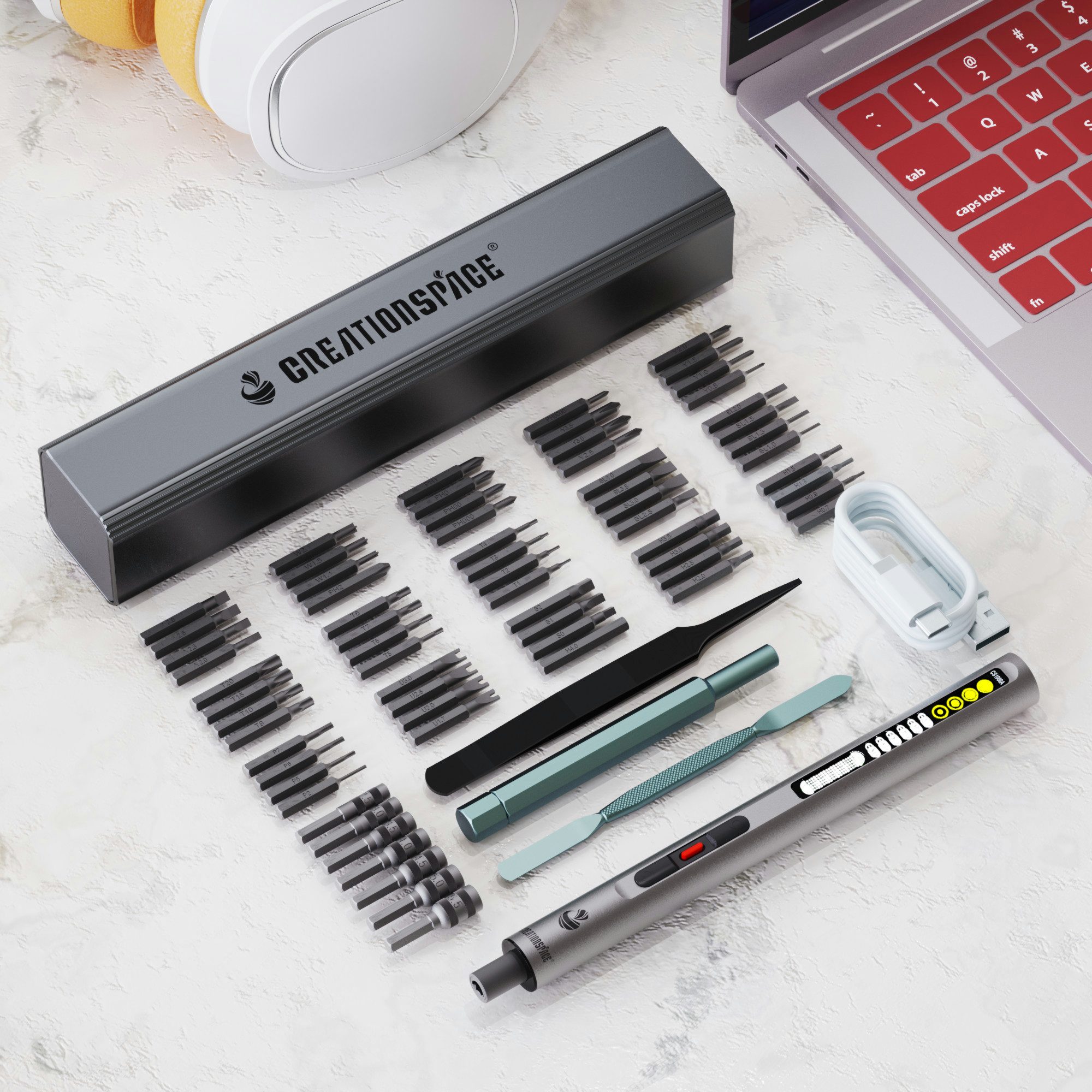 Blossom Elektro-Schraubendreher 72 in 1 Elektrischer Präzisionsschraubendreher mit 60 S2 Bits, 3 Nm, Schraubendreher Set mit LED, 6 Drehmomentstufen USB-C Ladefunktion
