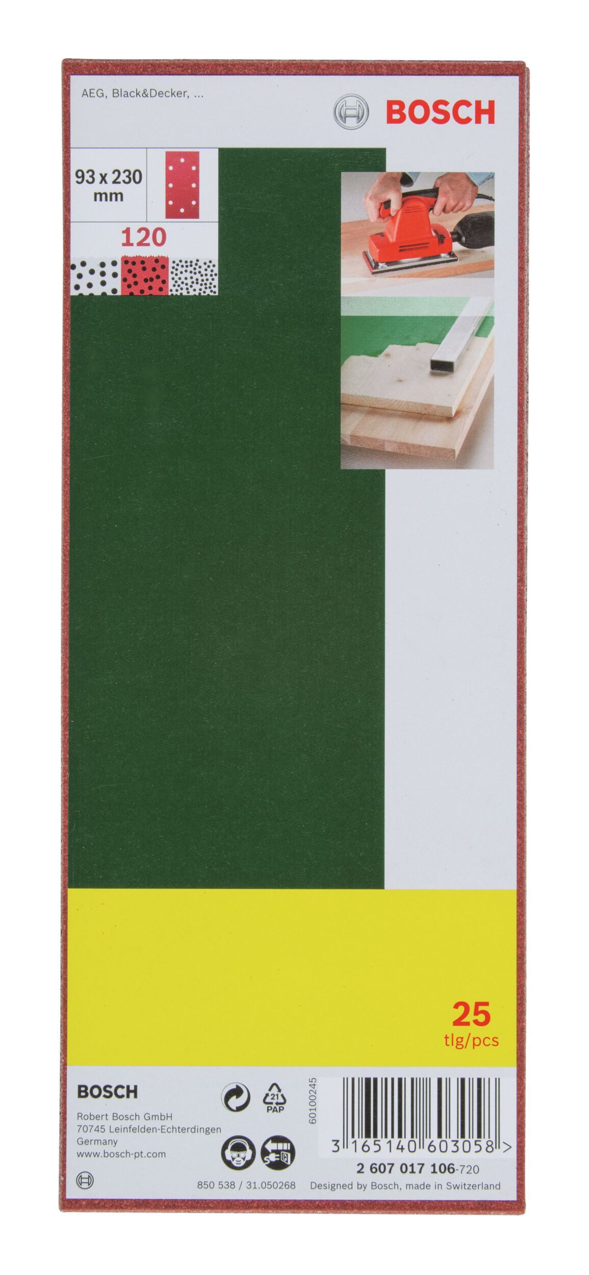 Thumbnail - BOSCH Schleifpapier, (25 Stück), Set 8 Löcher f. Black+Decker Schwingschleifer K120 - 93 x 230 mm