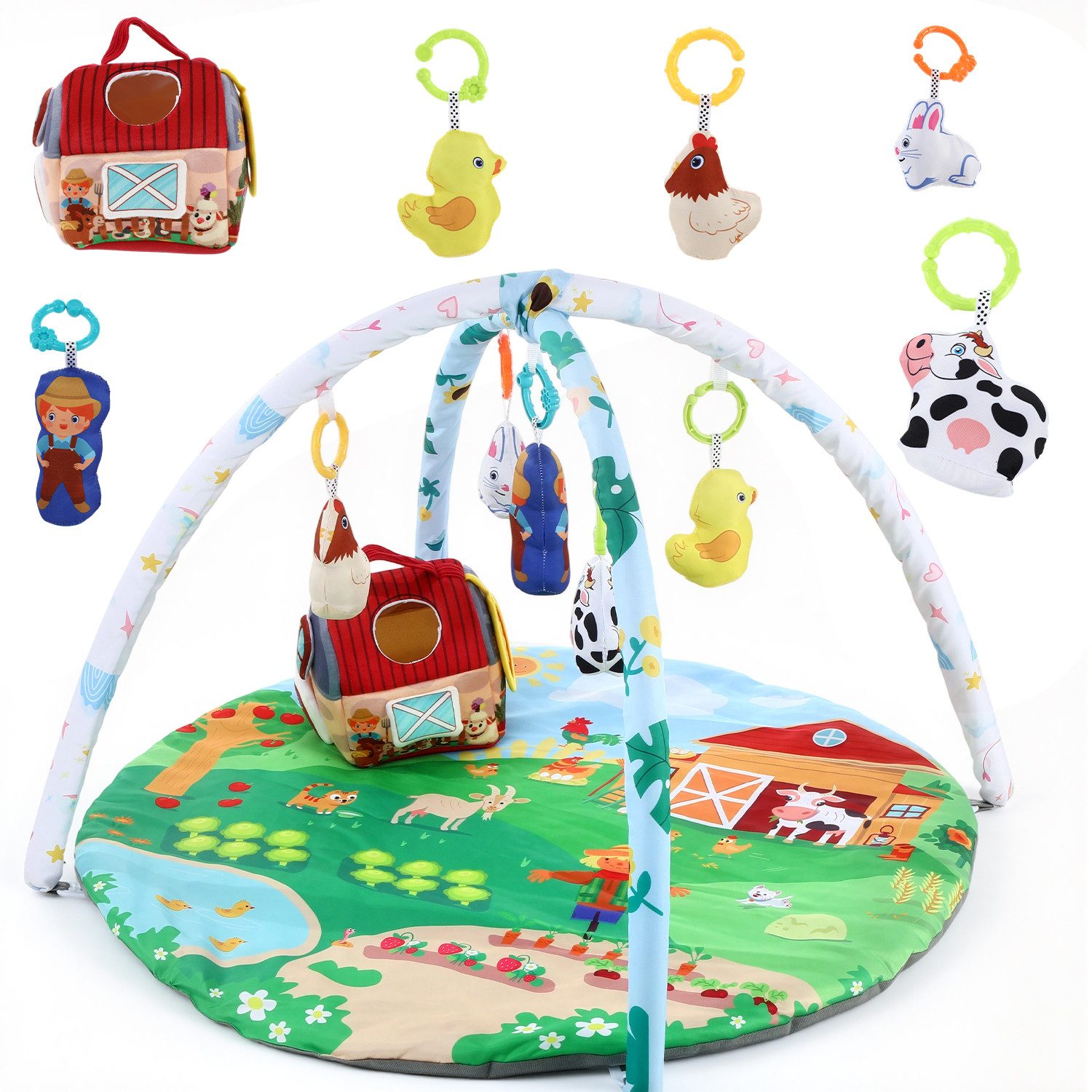 oyajia Spielbogen Baby Spielmatte Fitness Krabbeldecke Spielecke 85x85×55cm, (Geeignet für Neugeborene von 0–12 Monaten zur Wachstumserkundung), mit 5 Abnehmbare Spielzeug, Faltbare Matte,Spielbogen für Babys