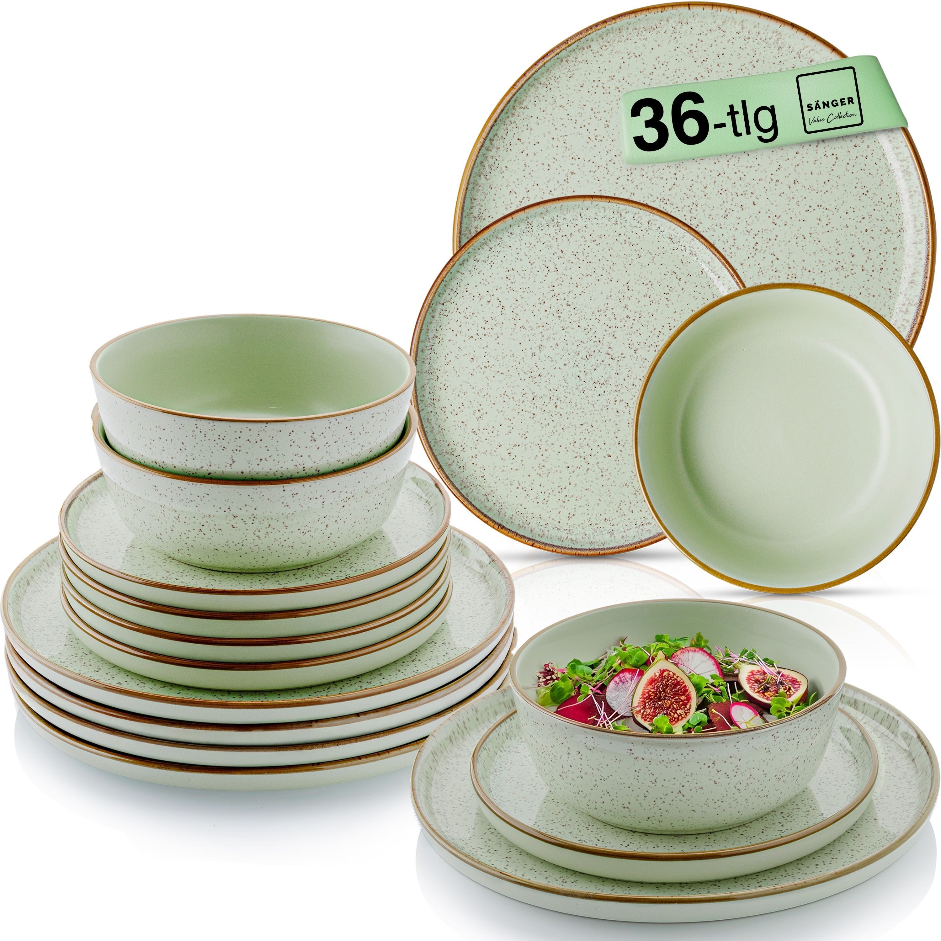 SÄNGER Tafelservice Rio Geschirrset (36-tlg), 12 Personen, Steingut, Handmade, Mintgrün, Erweiterbar, VALUE COLLECTION