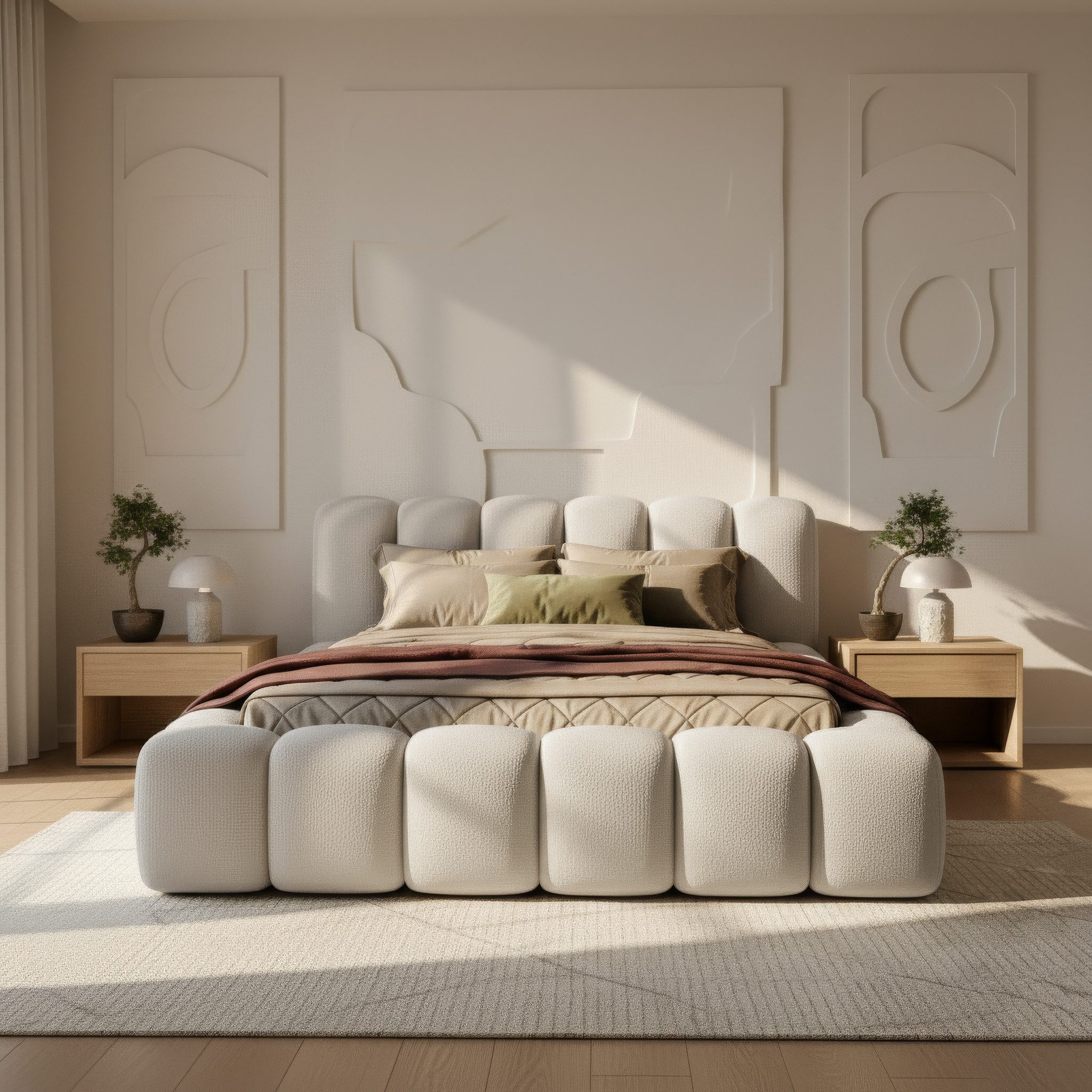 thematys Polsterbett mit Bettkasten, CLOUD 140x200 160x200 180x200 200x200cm (Kopfteil im Oversize-Look und Stauraum – weich, modern und pflegeleicht), hochwertiger Bouclé-Stoff in Kreme und Latte, Inklusive Lattenrost: Holzrahmen,hochwertiger Stoff), hochwertiger Bouclé-Stoff in Kreme und Latte