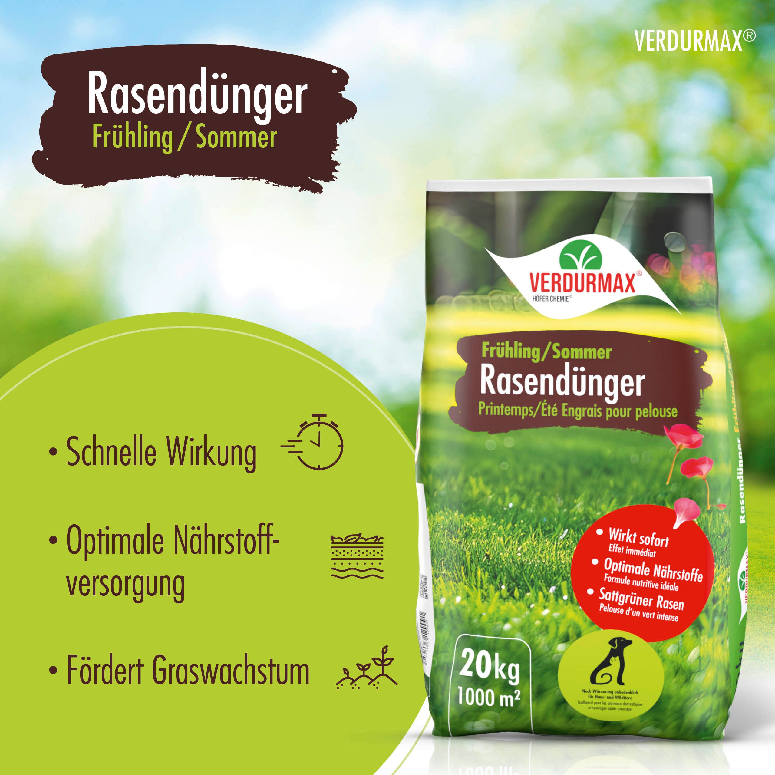 Höfer Chemie GmbH Rasendünger 20 kg VERDURMAX® Rasendünger Frühling / Sommer, Granulat, 1-St., Nährstoffreicher Dünger für kräftiges Wachstum