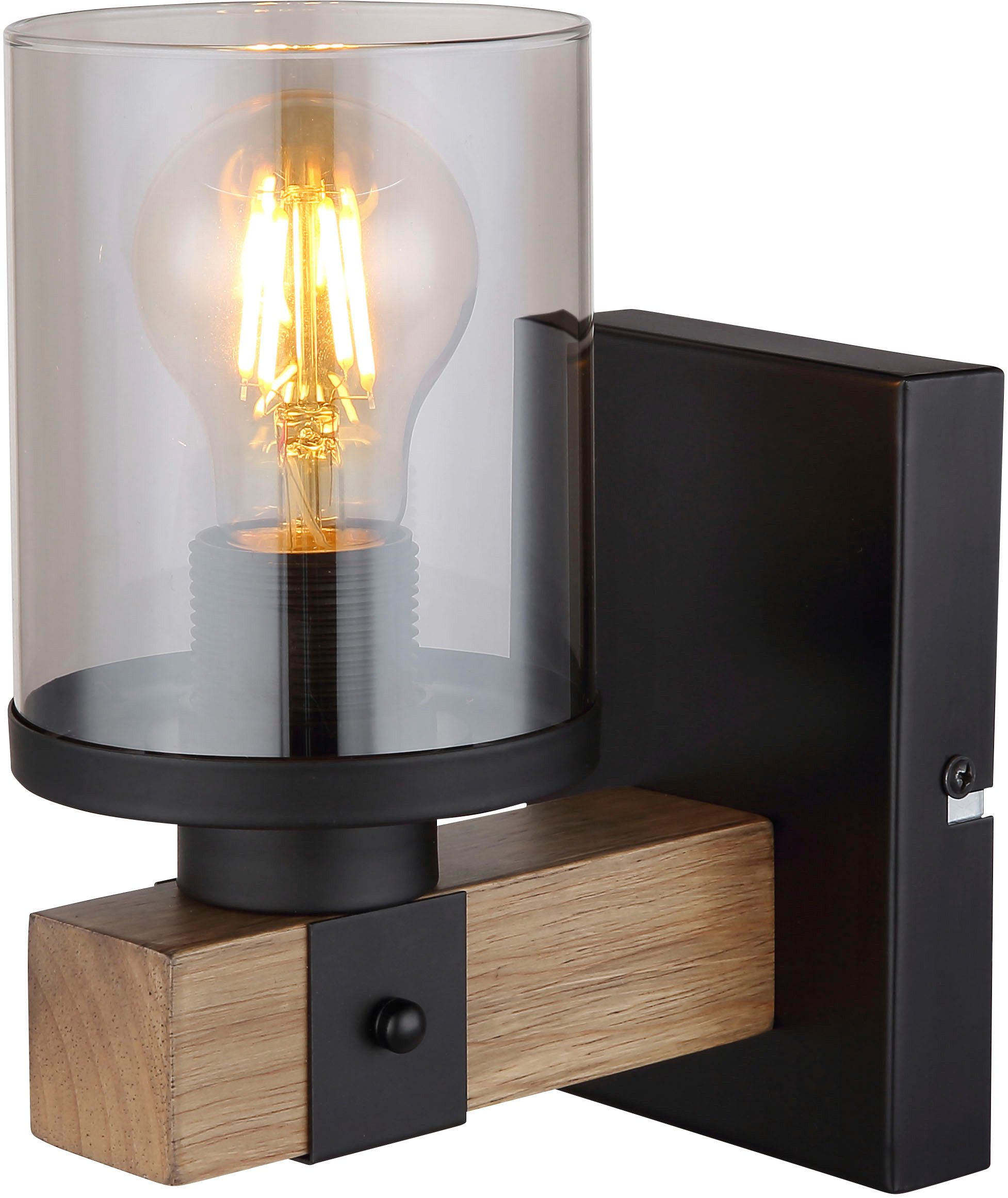 GLOBO LIGHTING Wandleuchte LILA, ohne Leuchtmittel, Wandleuchte Schwarz/Holz, Rauchglas, Licht aufwärts, E27