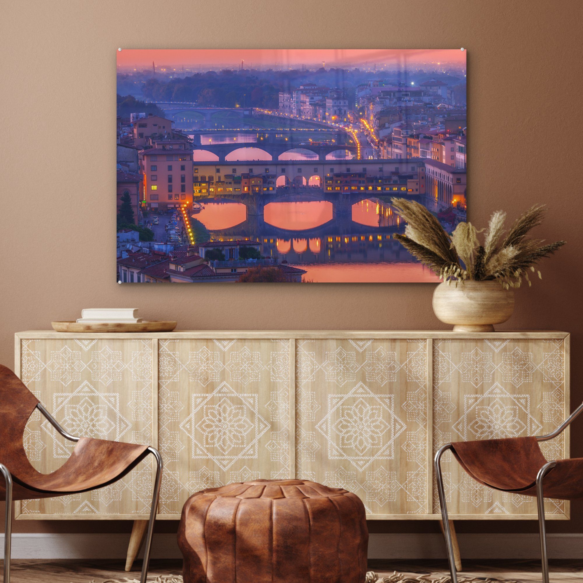 Ponte Vecchio der Acrylglasbild Schattierungen über & St), Himmel Italien, Rosafarbene Acrylglasbilder (1 Wohnzimmer in Schlafzimmer am MuchoWow