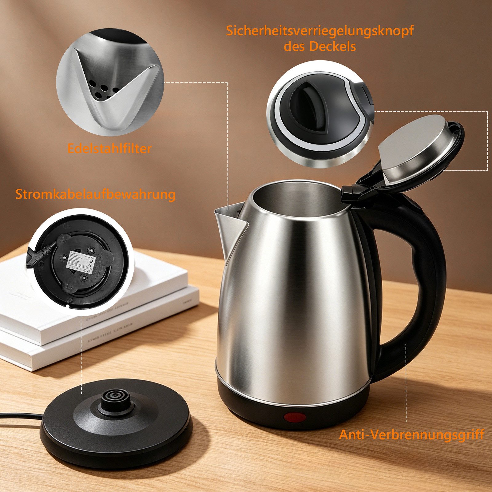 OZAVO Wasserkocher Edelstahl Wasserkocher 1.8L 1500W mit Kalkfilter und 360°-Basis, 1500 W, Abschaltautomatik,Trockenlaufschutz,100% BPA Frei