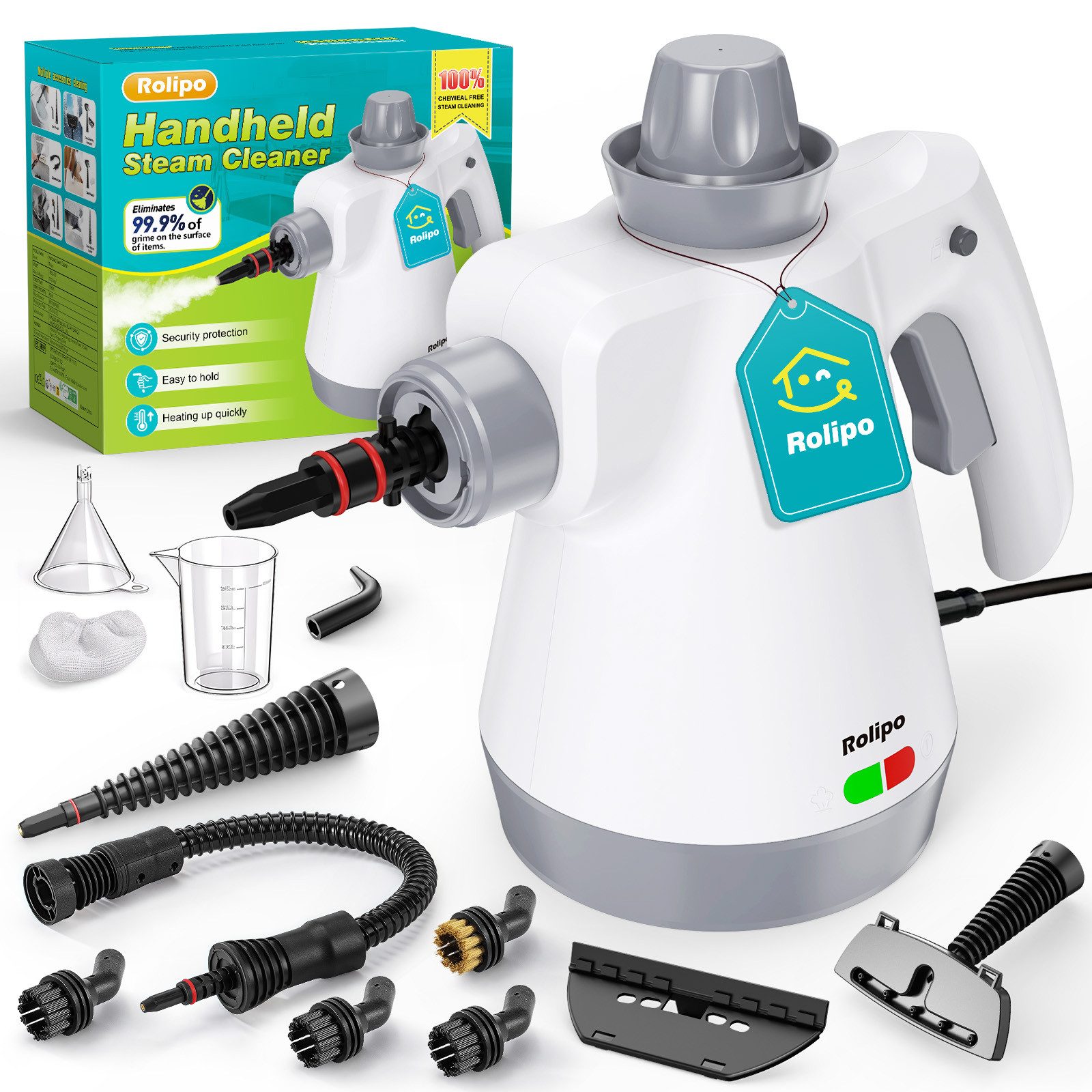 Rolipo Handdampfreiniger Dampfreiniger mit 12-Teiligem Zubehör, Steam Cleaner für Haushalt, 1050 W, für Haushalt, Küche, Bad, Fenster, Polster & Auto, 220-240V
