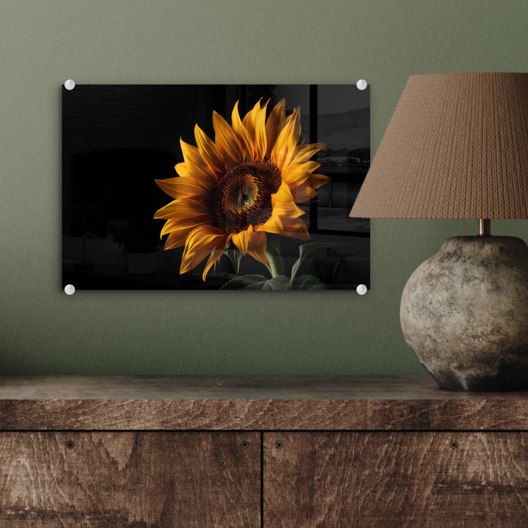 Glas auf (1 - St), Bilder - Sonnenblume, Acrylglasbild auf Wandbild Schwarz Foto Wanddekoration - MuchoWow - Glas - Glasbilder - Botanisch Blumen