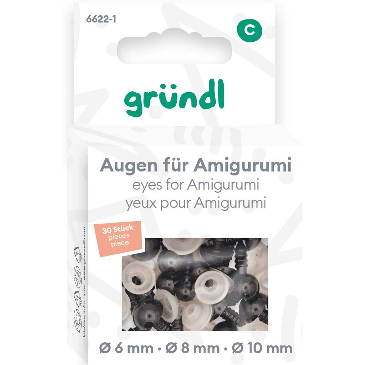 Gründl Bastelnaturmaterial Gründl Augen für Amigurumi Ø 6/8/10 mm 30 Stück
