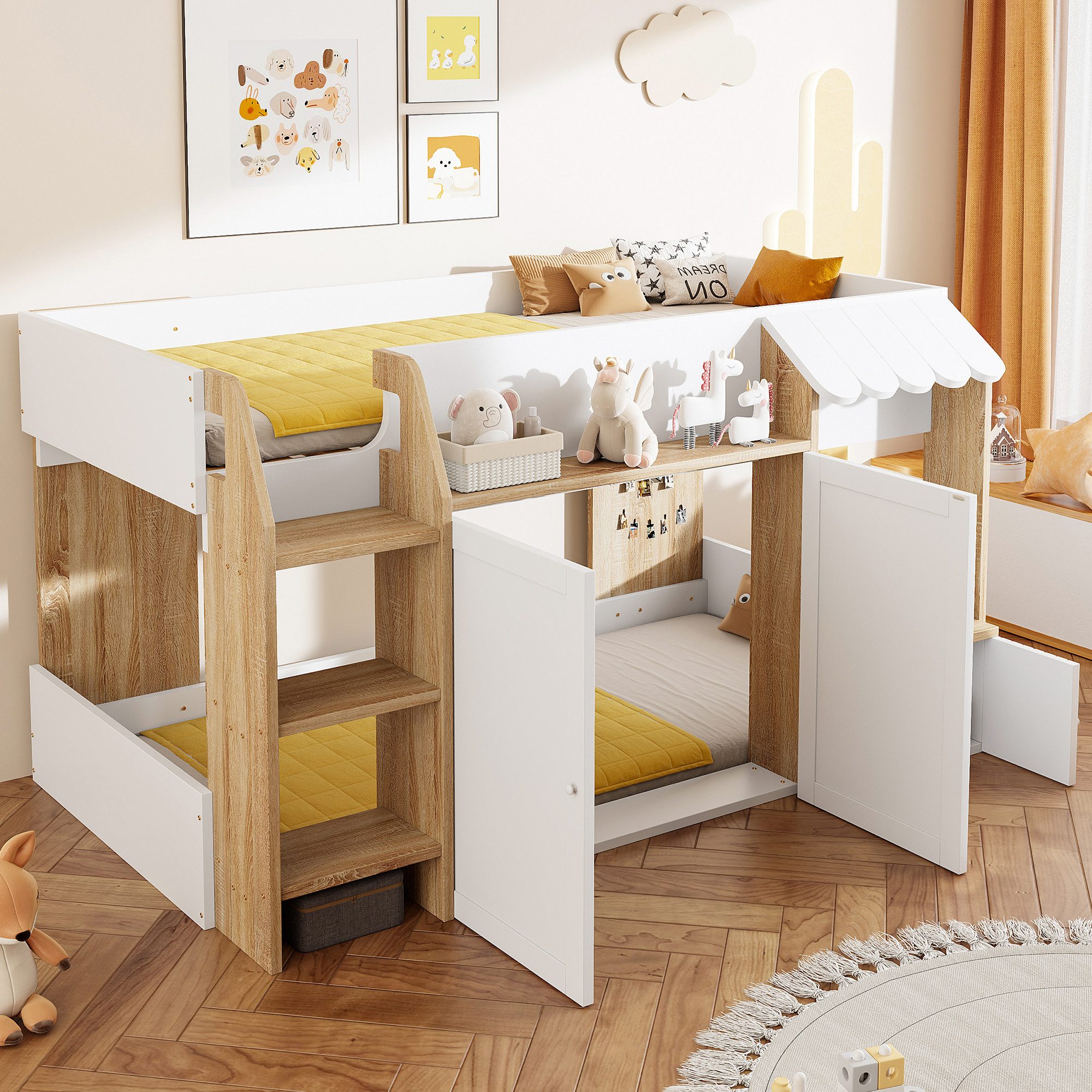 OKWISH Etagenbett Kinderbett Holzbett (mit Kletterleiter & offenem Stauraum, 90x200cm), ohne Matratze