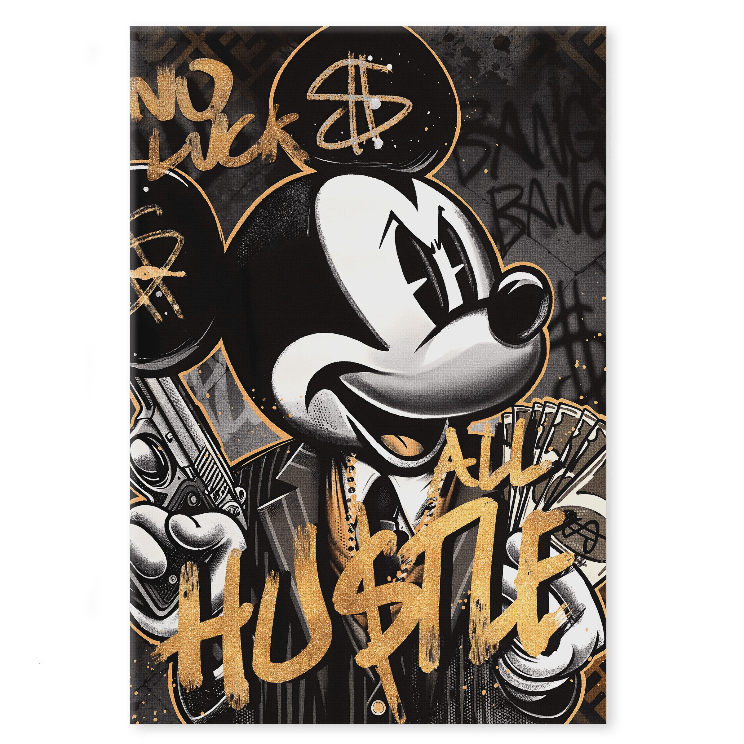 SimpleCanvas Wandbild All Hustle Mickey - Leinwandbild Pop Art / Motivation, Wandbild Mickey Mouse, Geld, Motivation