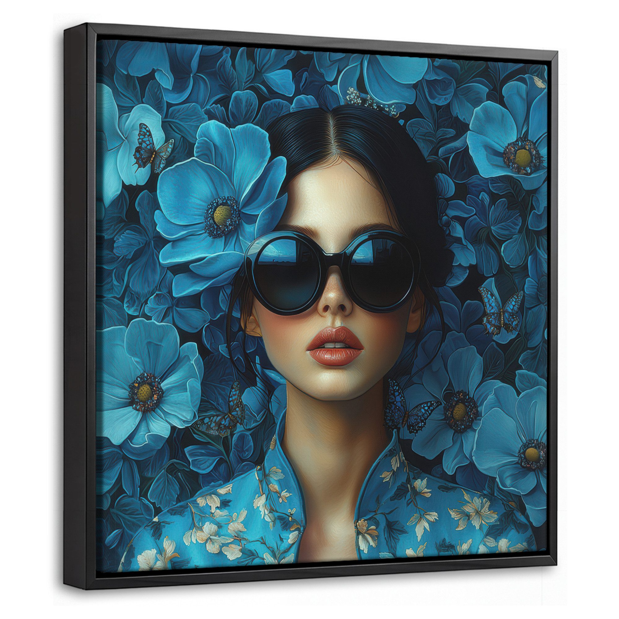 OneMillionCanvasses® Leinwandbild mit Rahmen - Frau - Blumen - Blau - Ästhetik - Luxus, Fotodruck (1 St), Leinwand Bilder Klein, Wand Dekoration Aesthetic 20x20cm