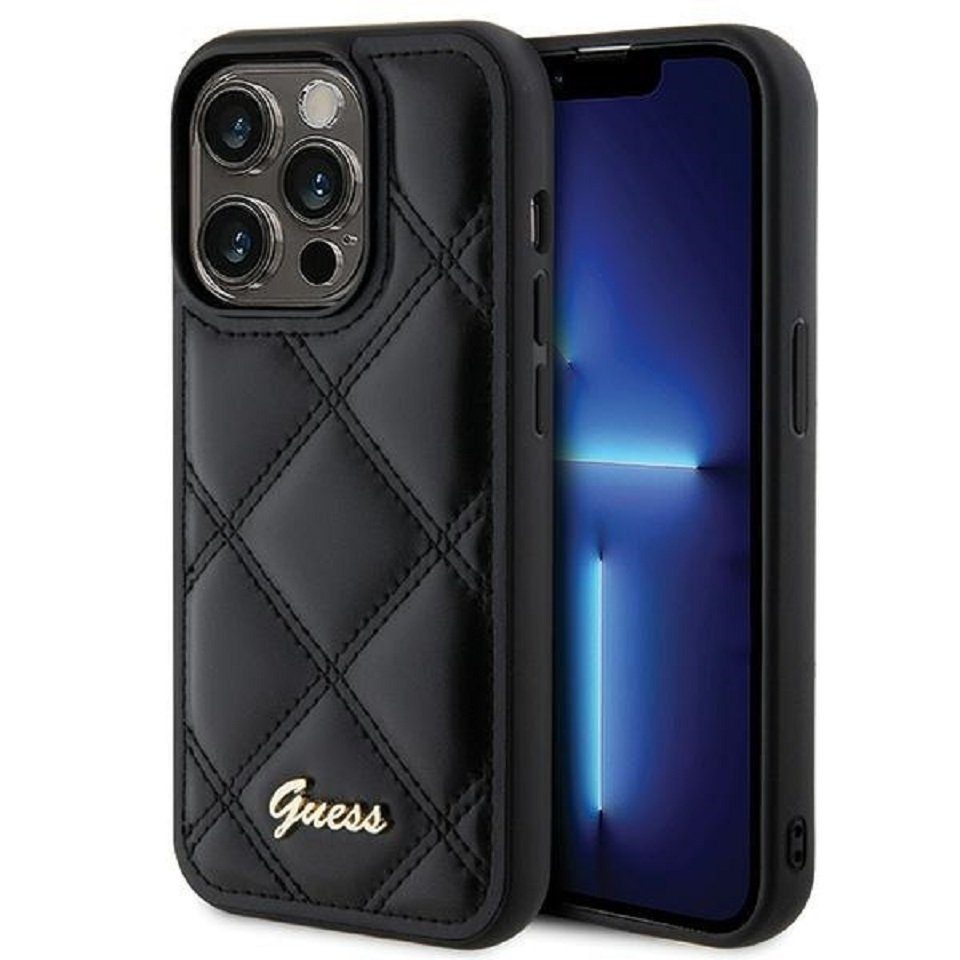 Guess Handyhülle Case iPhone 15 Pro Kunstleder schwarz mit Logo goldfarben 6,1 Zoll, Kantenschutz