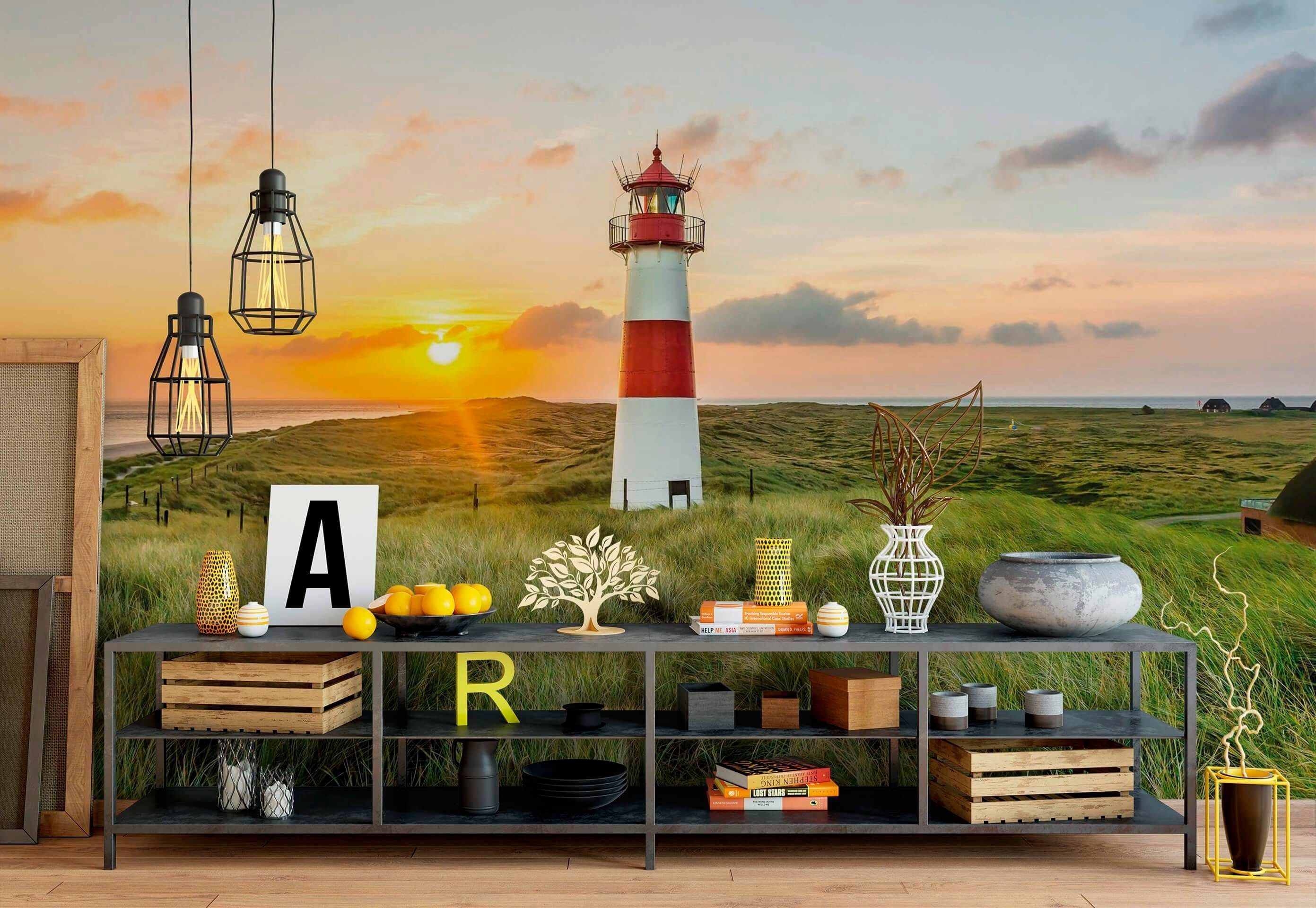 living walls Fototapete Leuchtturm Sylt, glatt, abstrakt, naturalistisch, Motiv, Dünen Tapete Strand Fototapete Wohnzimmer Tapeten Flur Design Optik