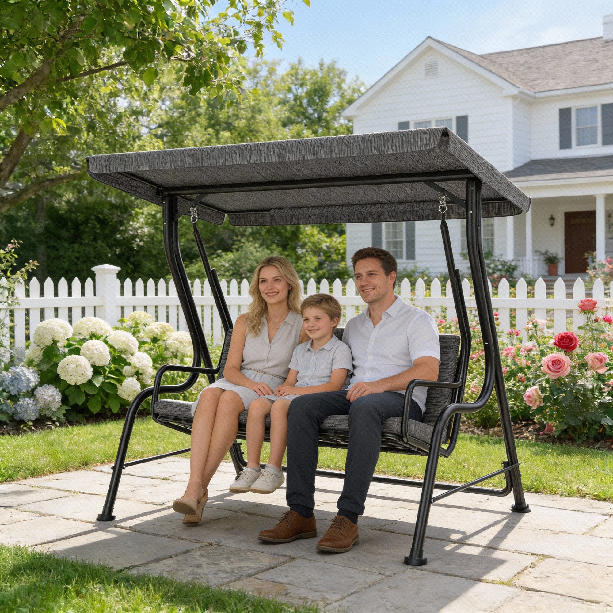 Outsunny Hollywoodschaukel Gartenschaukel mit verstellbarem Sonnendach, Texteline Grau, 3-Sitzer, Bettfunktion, Hollywoodschaukel, 1 tlg., Gartenschaukel, für Garten, Balkon, Schwarz