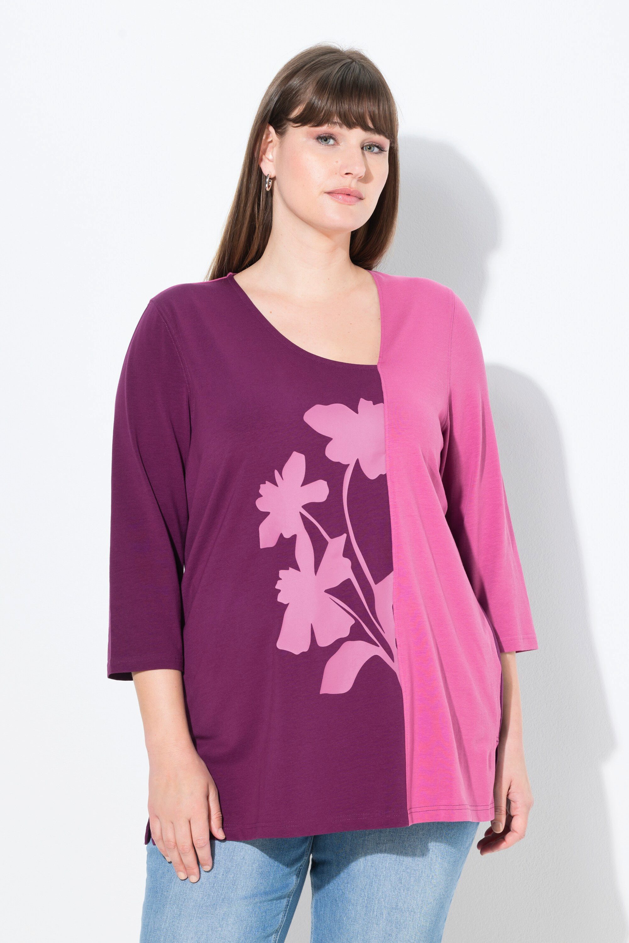 Ulla Popken T-Shirt Shirt Blüten V-Ausschnitt 3/4-Arm Biobaumwolle