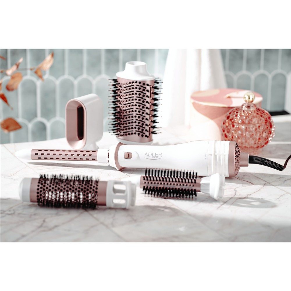 ADLER EUROPE Multihaarstyler AD 2027 Haarstyling Set 5 in 1, Warmluftbürste, Keramikbeschichtung, Rundbürsten, Lockenstab, Haartrockner-Aufsatz, Perlweiß/Roségold