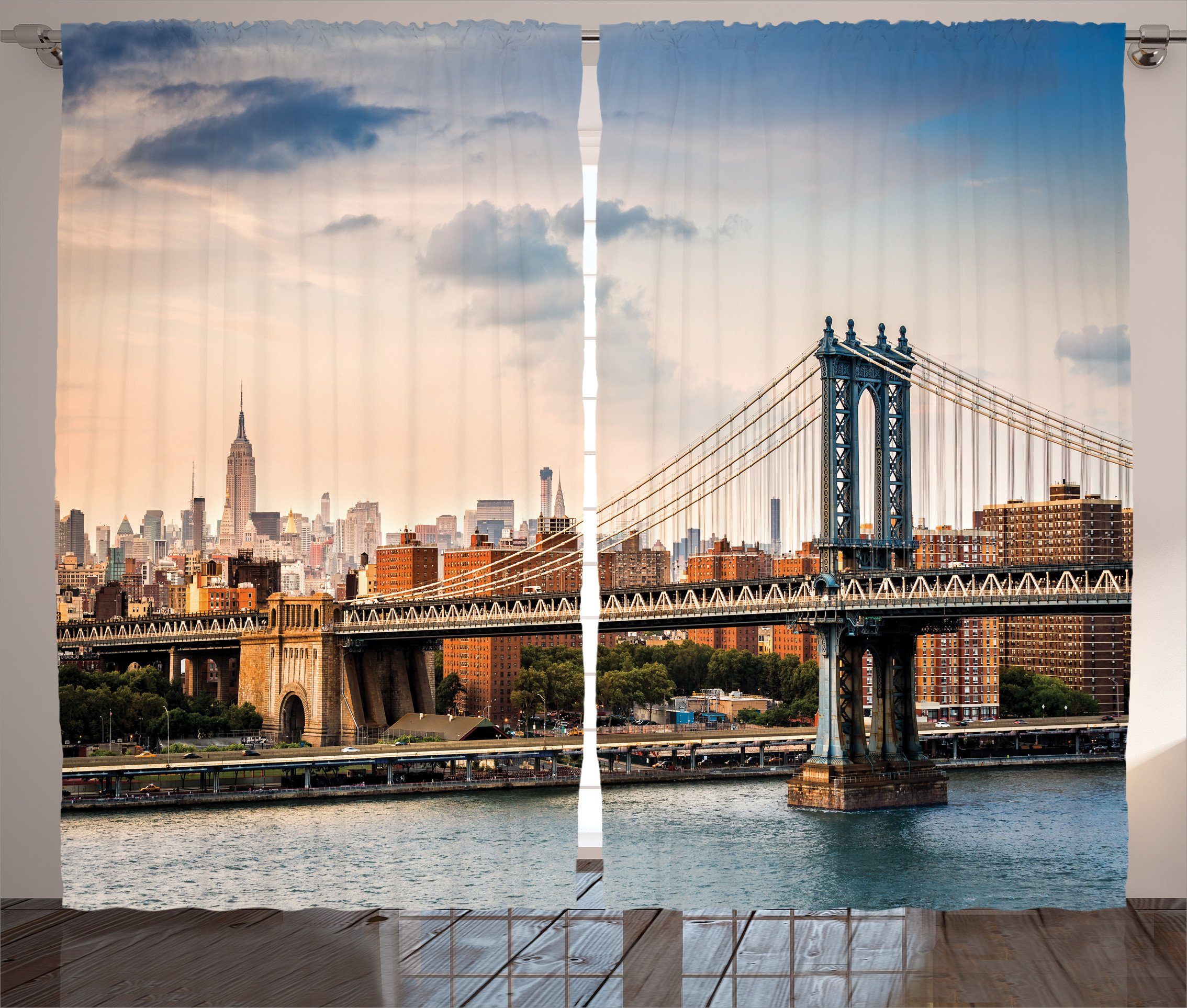 Gardine Schlafzimmer Kräuselband City Amerika und Manhattan-Brücke Schlaufen von York Vereinigte Staaten Abakuhaus, mit New Vorhang Haken, in