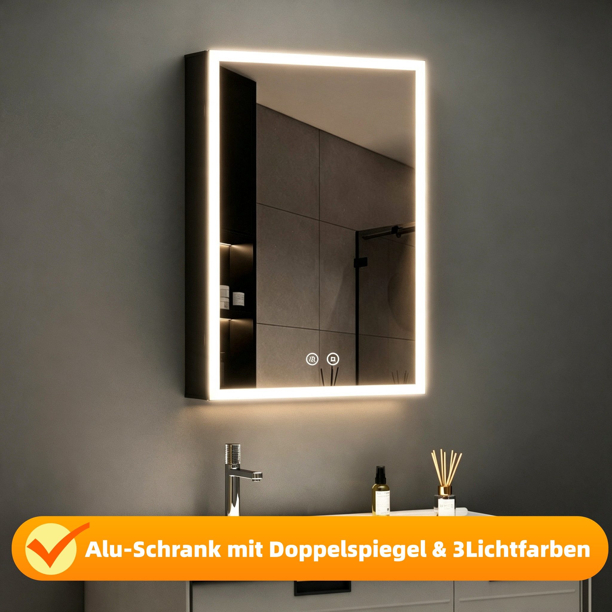 WDWRITTI Spiegelschrank klein 40x60cm Bad mit Beleuchtung Alu Badezimmerspiegelschrank Schwarz (Wandschrank Hängeschrank Anti-fog 3Lichtmodi Dimmbar, mit Speicherfunktion) Doppelseitiger Spiegel, IP44, mit Netzadapter