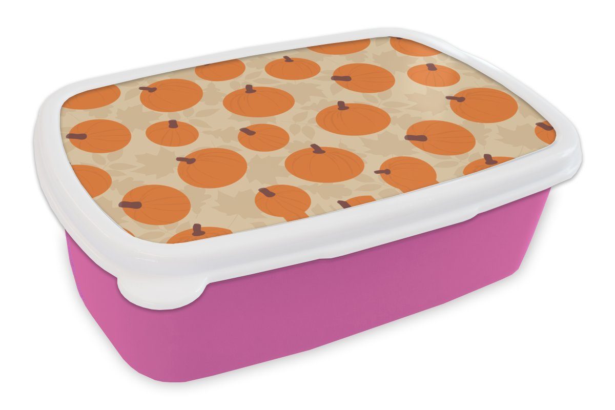 MuchoWow Lunchbox Herbst - Kürbis - Blätter - Design, Kunststoff, (2-tlg), Brotbox für Erwachsene, Brotdose Kinder, Snackbox, Mädchen, Kunststoff rosa