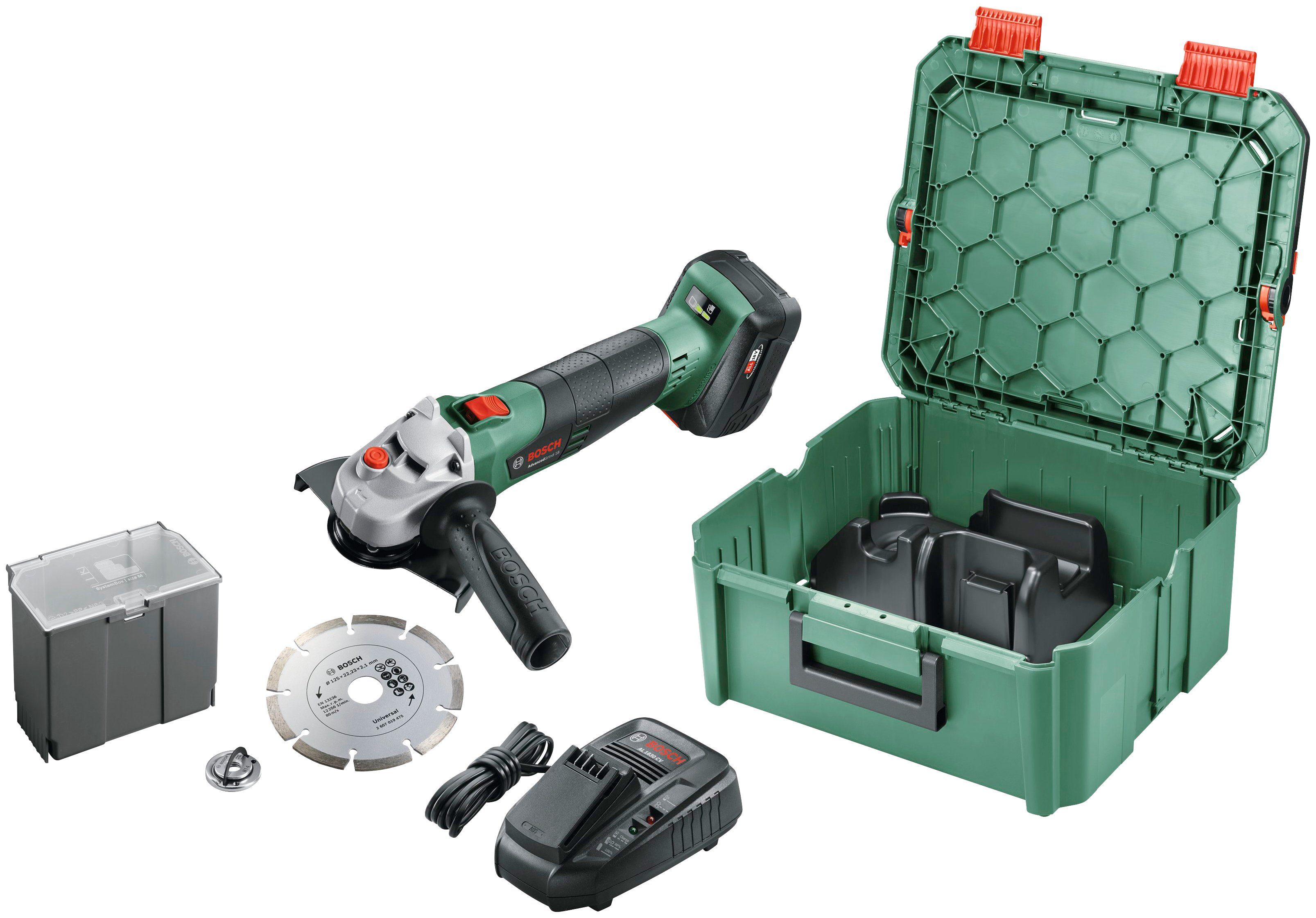 preisreduziert Bosch Home max. 11500 Akku AdvancedGrind Garden + SystemBox, und & U/min, inkl Akku-Winkelschleifer 18 Ladegerät