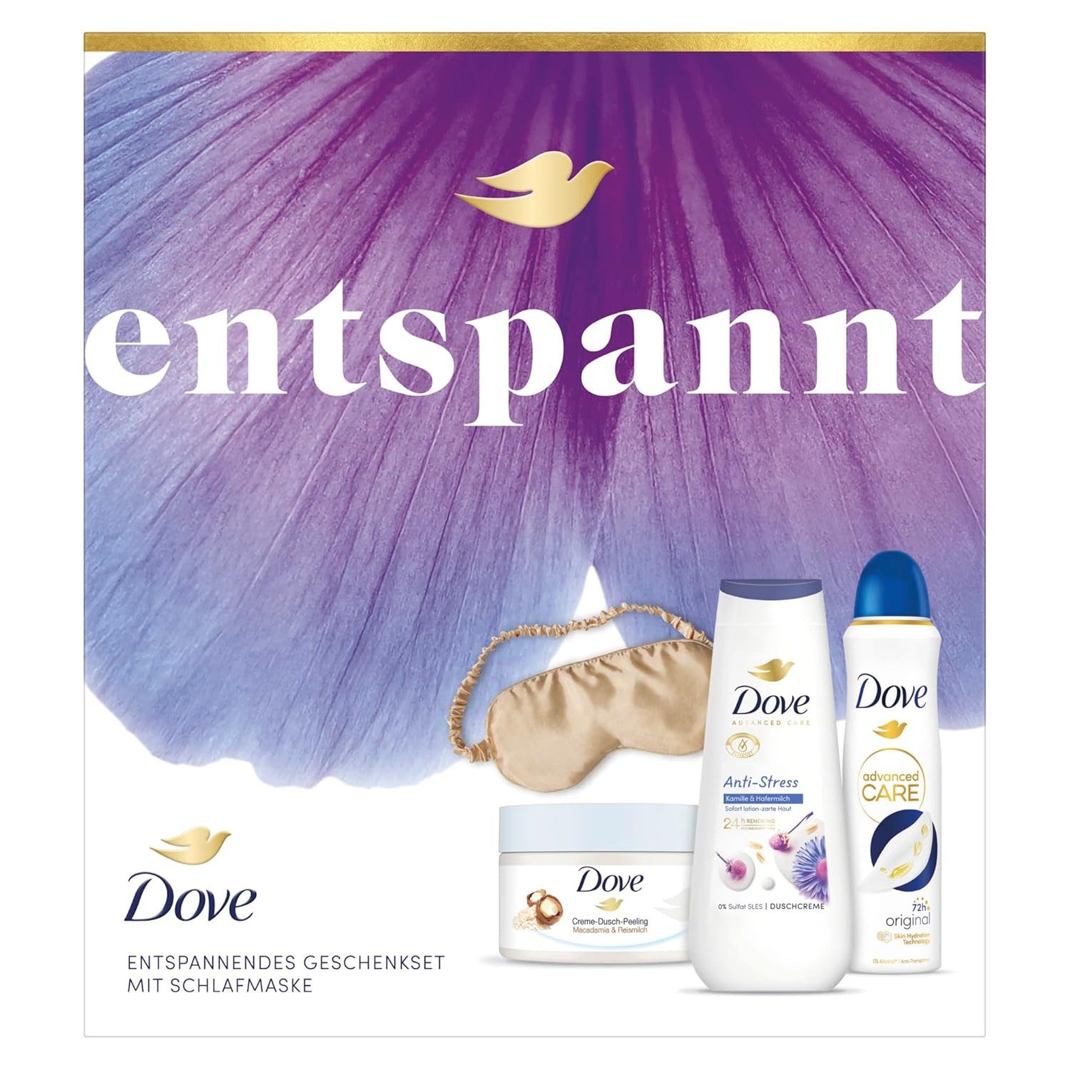 DOVE / UNILEVER Pflege-Geschenkset 1x Dove Geschenkset "Entspannt", 1-tlg., mit Duschcreme, Anti Transpirant, Dusch-Creme-Peeling und Schlafmaske