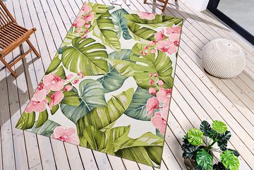 Teppich OASIS 235x160cm rosa / grün / weiß, riess-ambiente, rechteckig, Höhe: 8 mm, Wohnzimmer · Flachgewebe · florales Design · Blattmuster · Outdoor