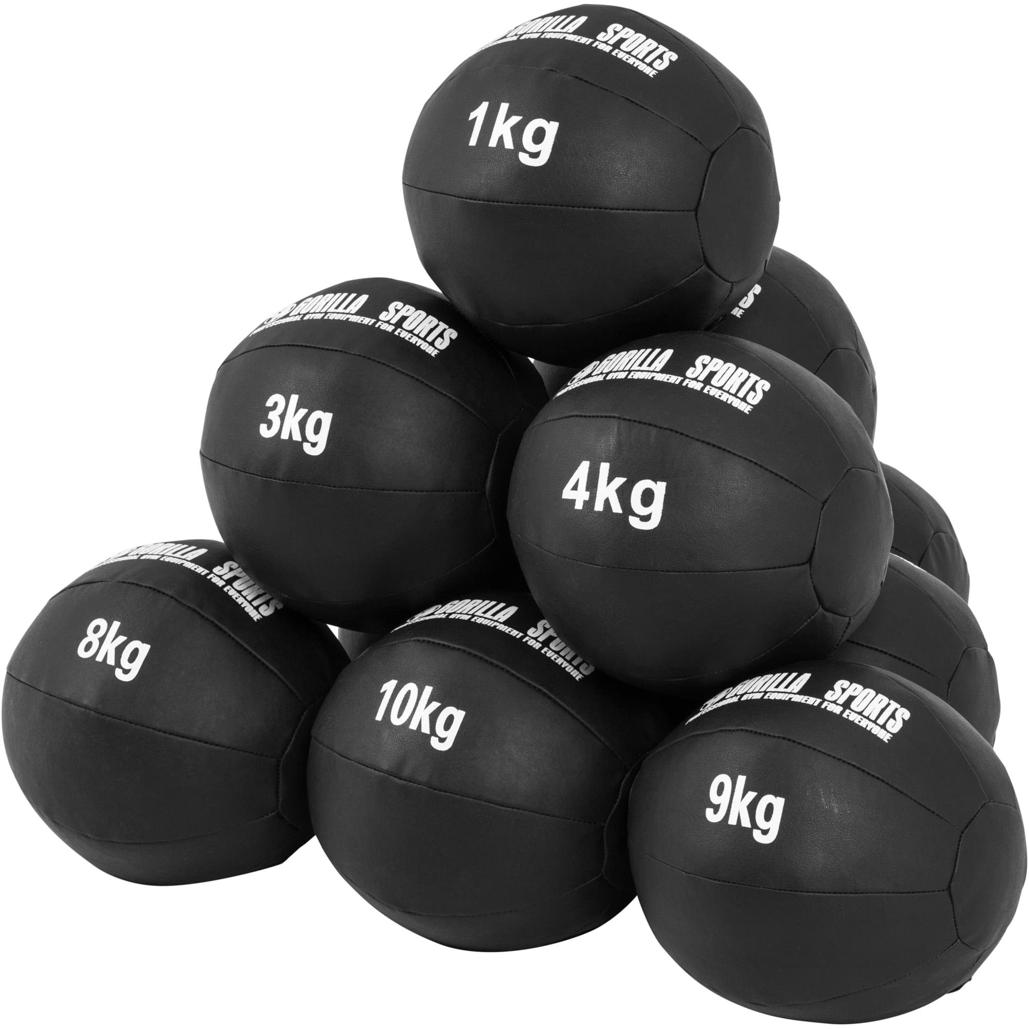 GORILLA SPORTS Medizinball Einzeln/Set, 29cm, aus Leder, Trainingsball, Fitnessball, Gewichtsball Set 55 kg
