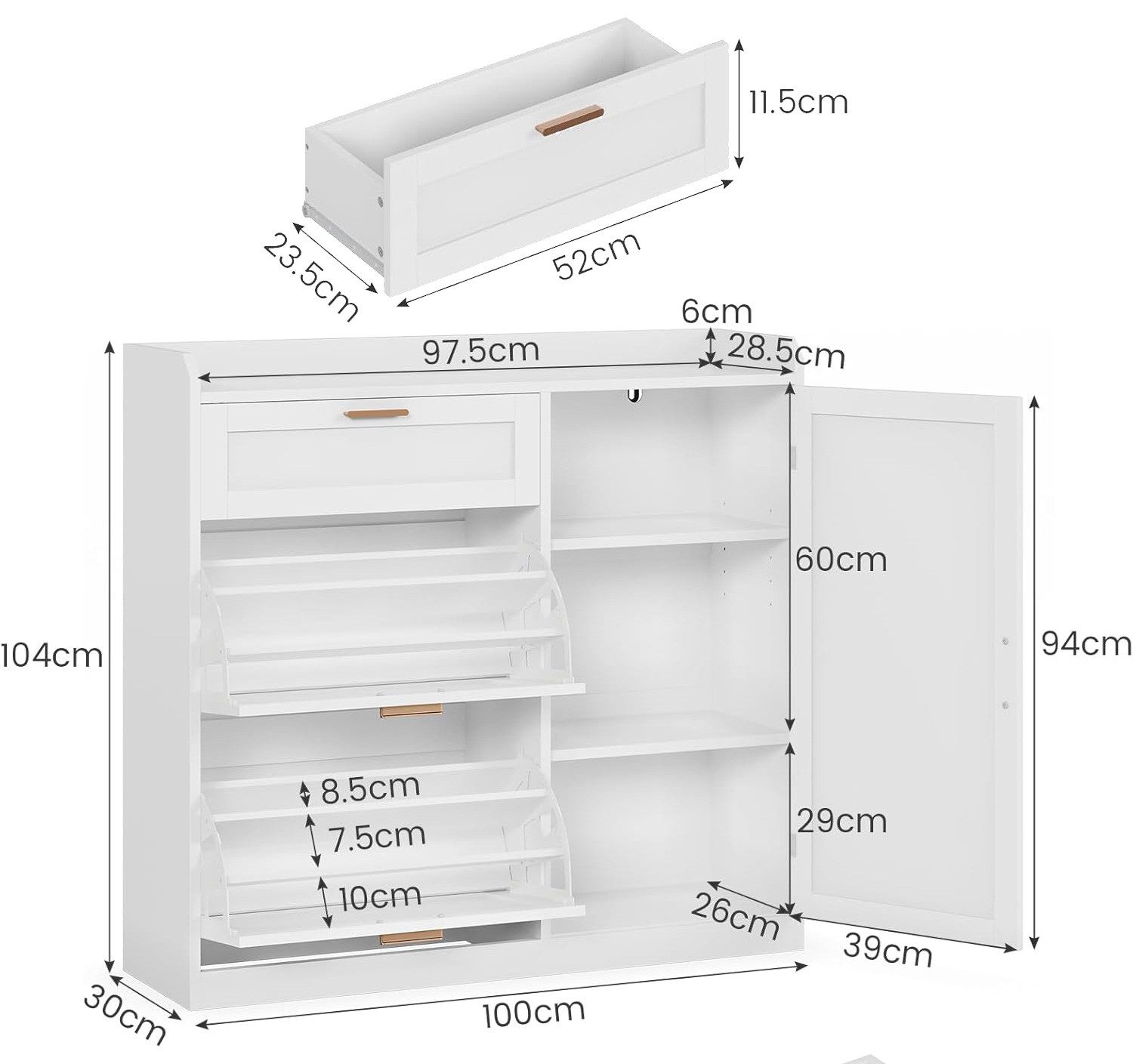 MSMASK Schuhschrank mit 2 Klappen, Schuhkipper Schmal, Schuhschrank mit 1 Schublade (1-St) Schrank, Trennwand Verstellbar, 30 x 100 x 104 cm