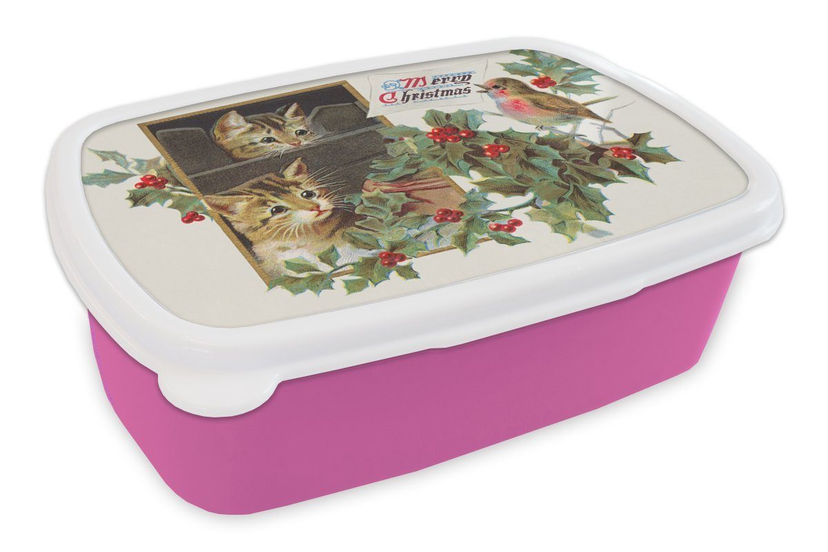 MuchoWow Lunchbox Weihnachten - Katzen - Vogel, Kunststoff, (2-tlg), Brotbox für Erwachsene, Brotdose Kinder, Snackbox, Mädchen, Kunststoff rosa