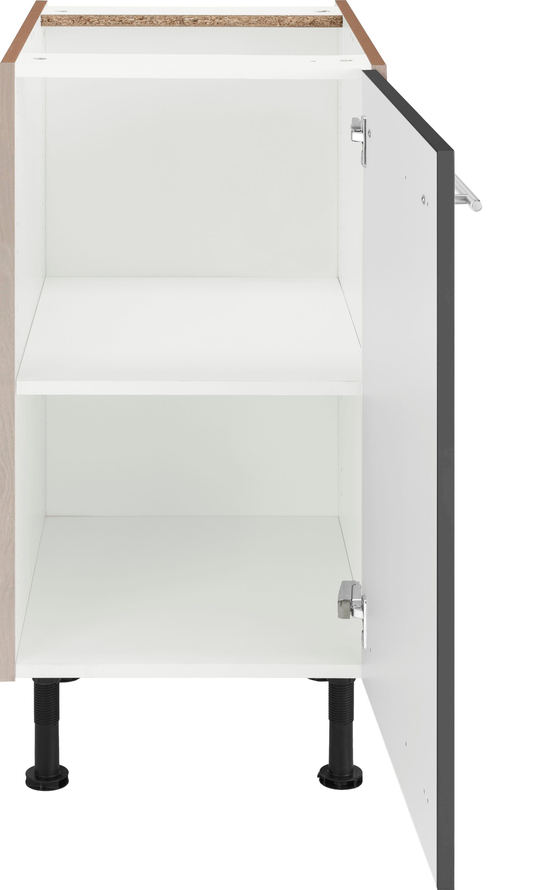 OPTIFIT Unterschrank Bern 40 cm mit grau mit breit, mit Füßen, höhenverstellbaren Metallgriff Hochglanz/akaziefarben 1 Tür