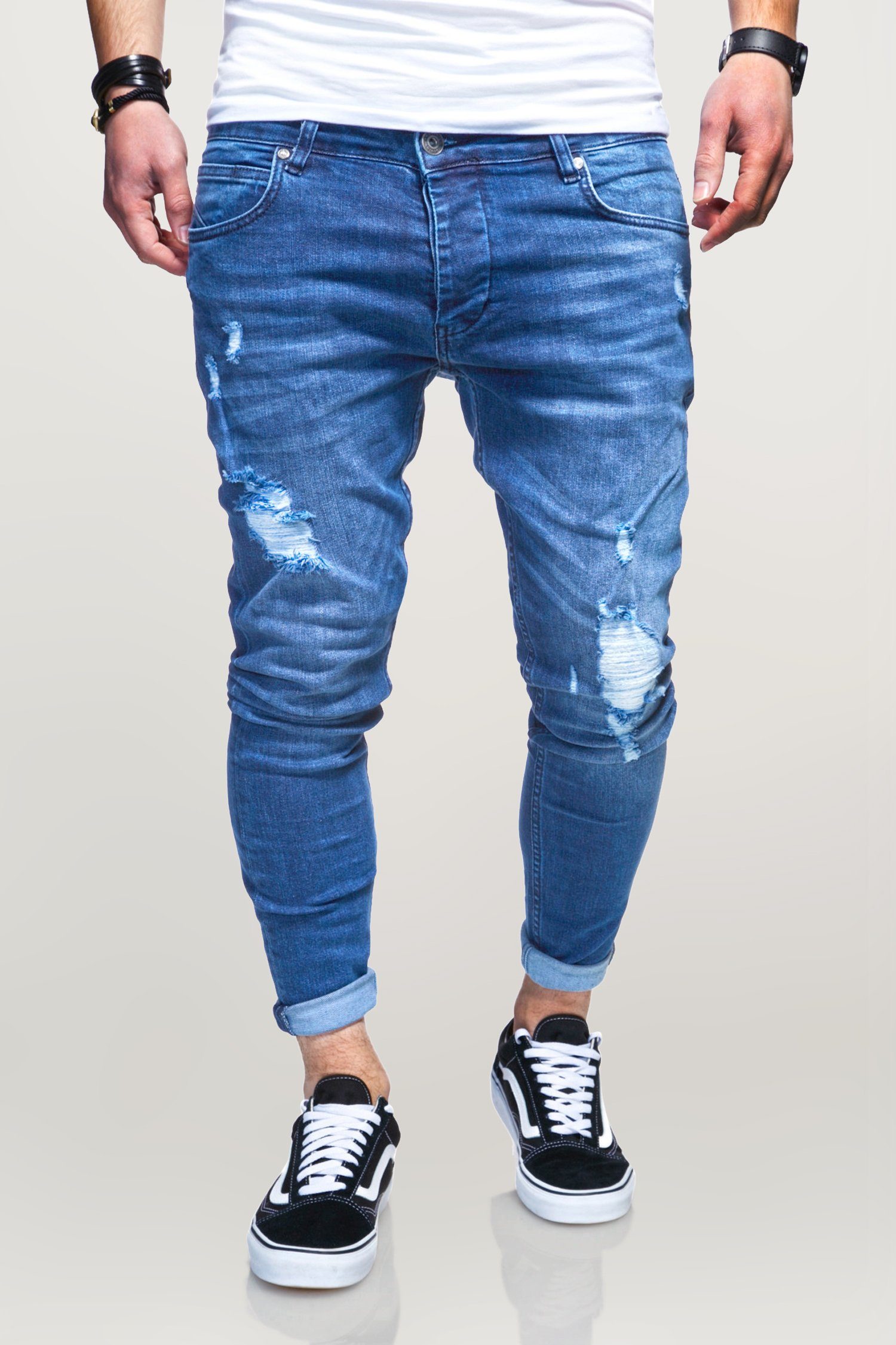 behype Slim-fit-Jeans ODIN mit Destroyed-Parts hellblau