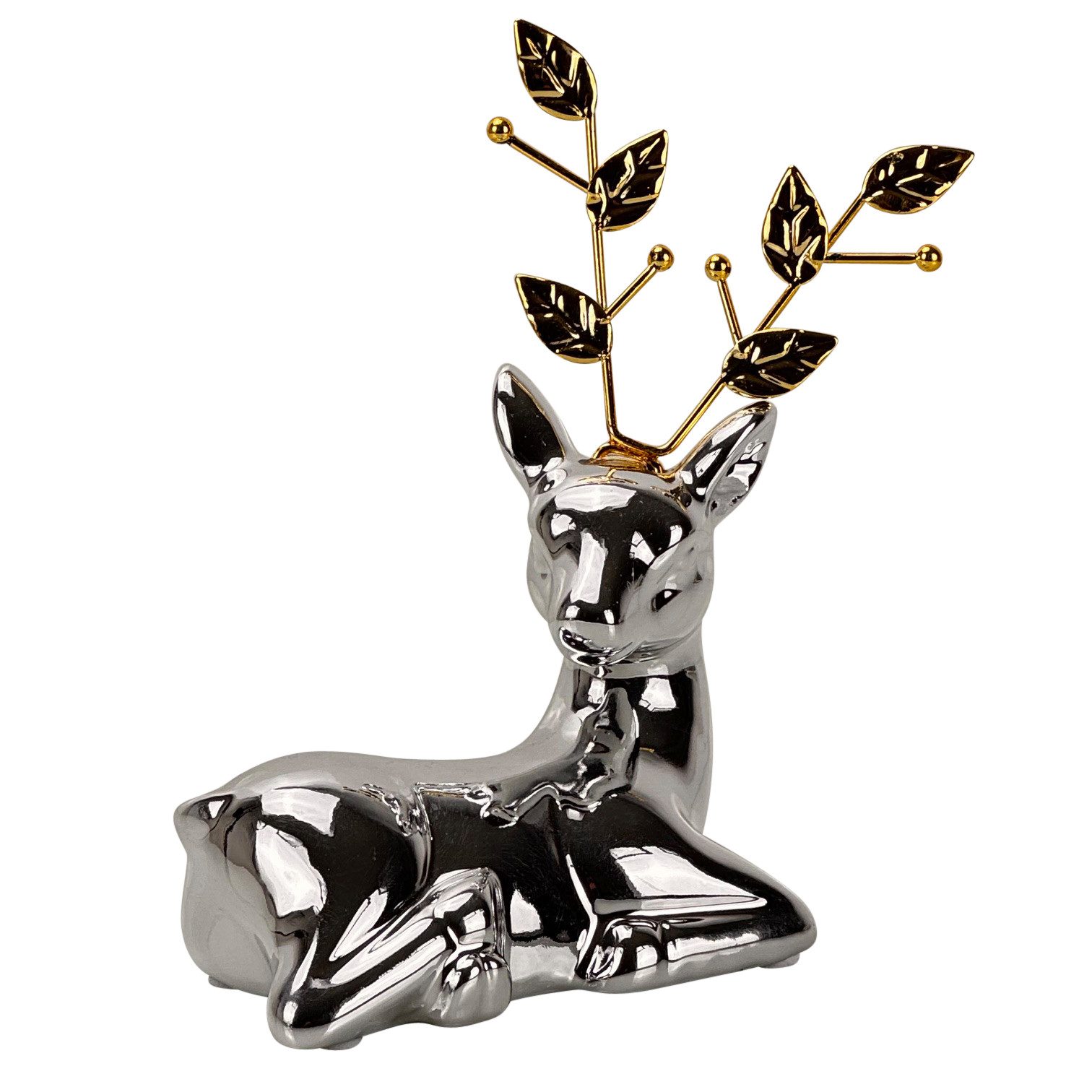Online-Fuchs Dekofigur 2 Hirsche in Silber aus Keramik - moderne Deko für Herbst & Winter (17 und 21 cm groß, Tischdeko), filigranes Geweih aus goldfarbigen Blä – Bild 4 von 4
