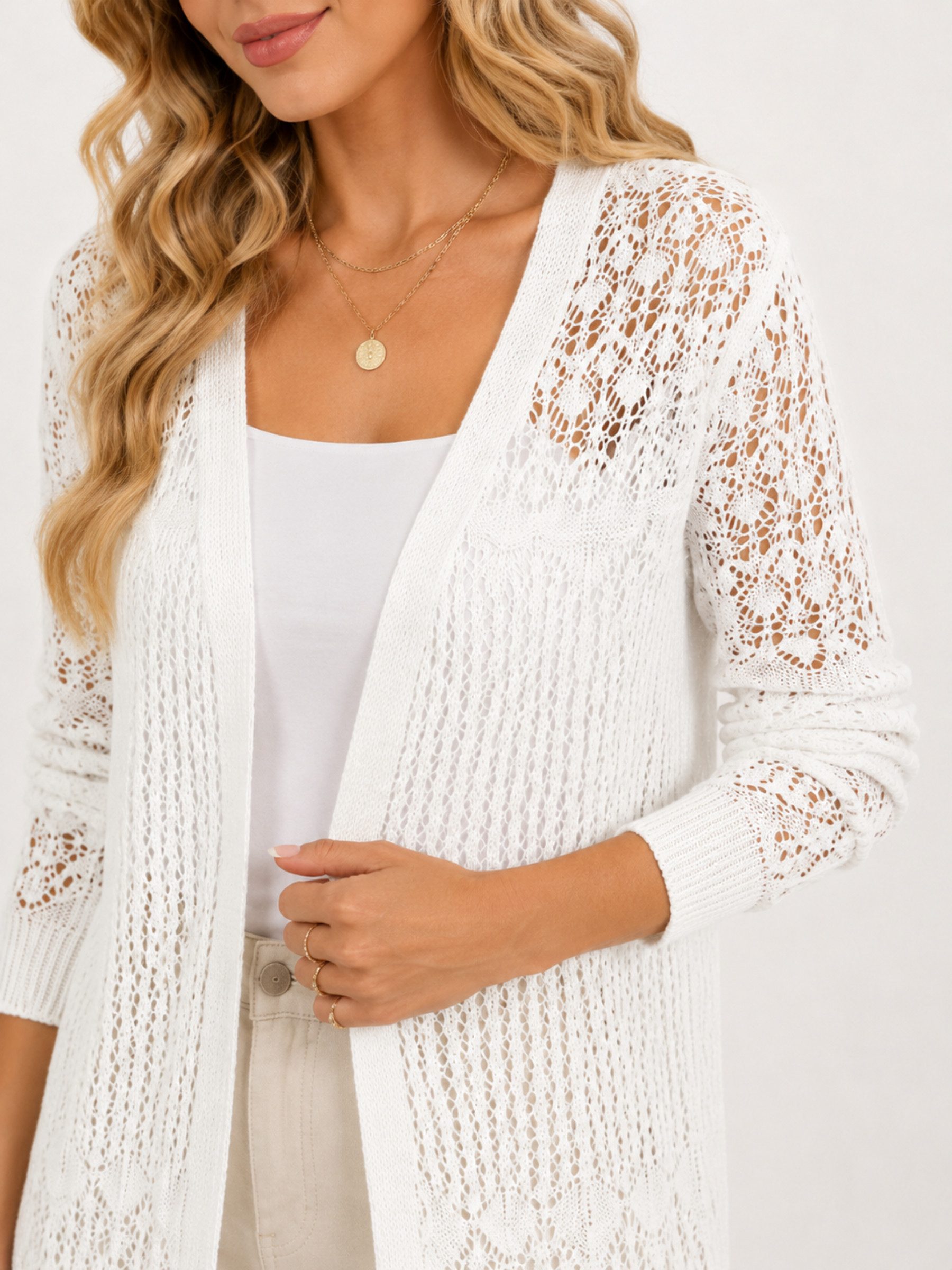 Elegant Love Strickjacke Damen Strandcardigan, Häkel-Strandjacke – Longcardigan in Ajourstrick Beach Kimono, Cover-Up – leichter Lochstrick Überwurf für den Som – Bild 5 von 5