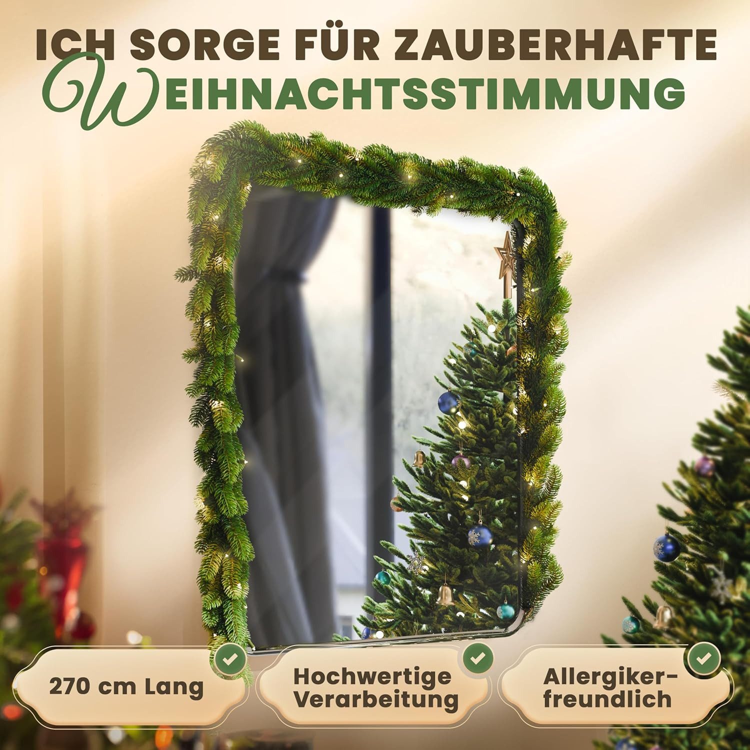 Kunstgirlande Weihnachtsgirlande künstlich, Tannengirlande 270-1000 cm, mit/ohne LED, ArtiTree, Höhe 270 cm, 100% PE-Spritzguss, langlebig, wie echt, naturgetre – Bild 2 von 5