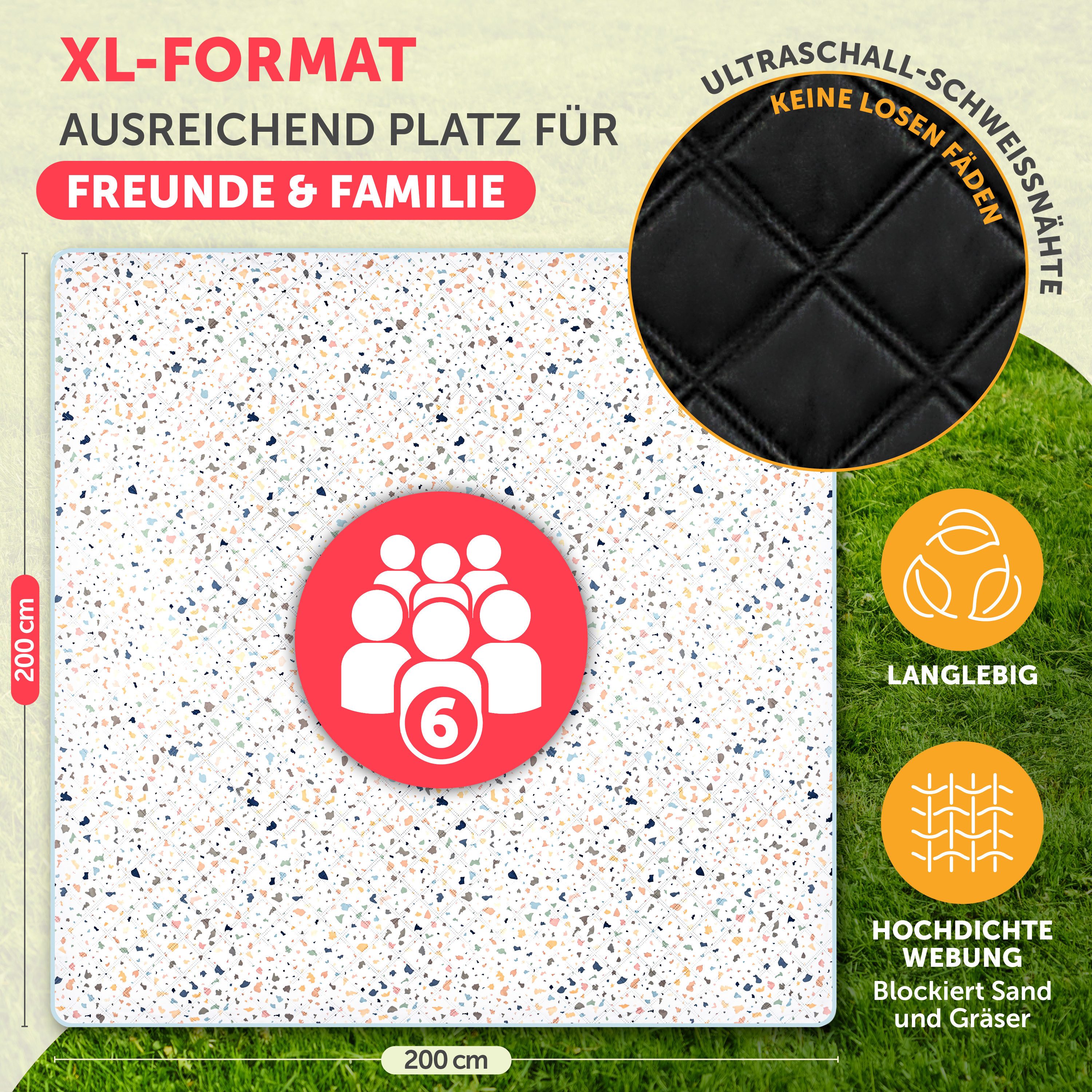 Picknickdecke Premium Picknickdecke wasserabweisend - Boho & TERRAZZO Design, Blumtal, 200x200 cm, waschbare Stranddecke sandfrei + weiche Zwischenfüllung