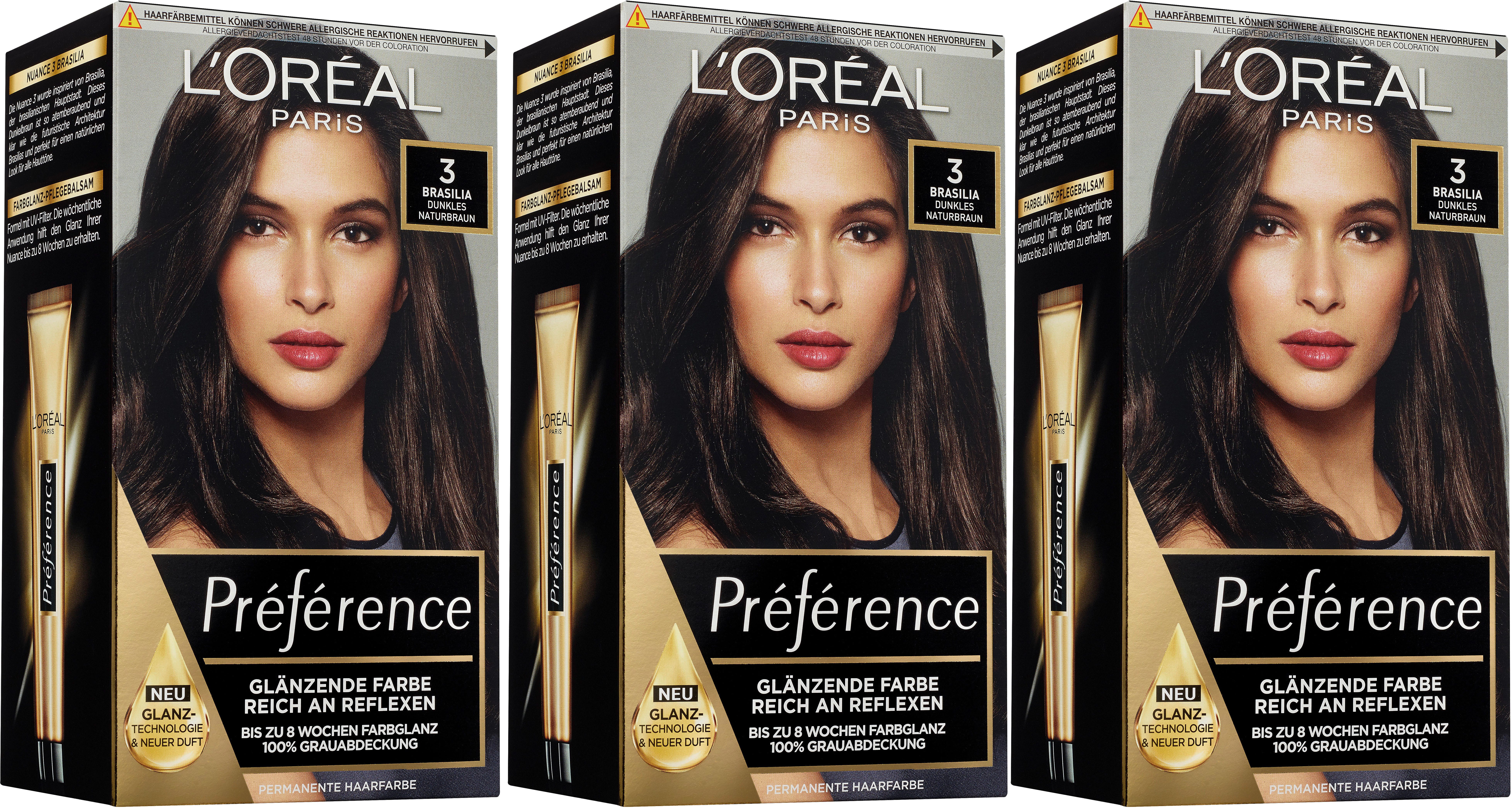 L'ORÉAL PARIS Coloration PRÉFÉRENCE HAARFARBE, Packung, 3-tlg., dauerhafte Haarcoloration mit 100% Grauabdeckung