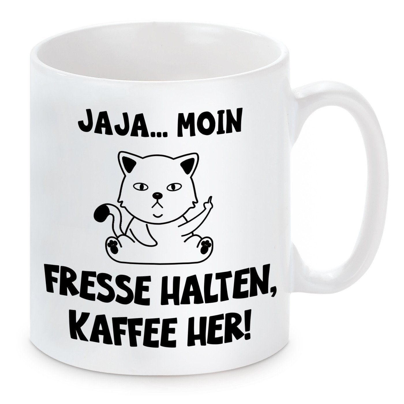 Herzbotschaft Tasse Kaffeebecher mit Motiv JAJA...MOIN - FRESSE HALTEN, KAFFEE HER!, Keramik, Kaffeetasse spülmaschinenfest und mikrowellengeeignet