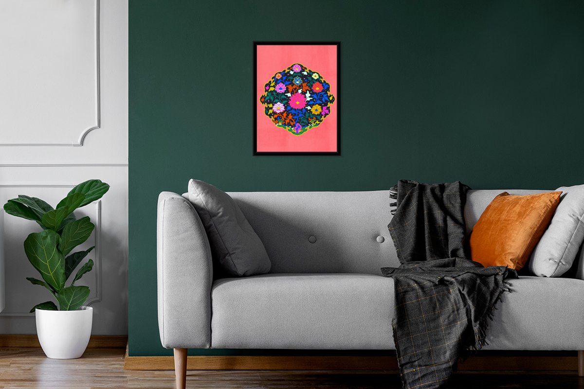 MuchoWow Poster Blumengirlande - mit Schwarzem Design, - Rahmen, St), Kunstdruck, Poster, Regenbogen (1 Bilderrahmen Gerahmtes