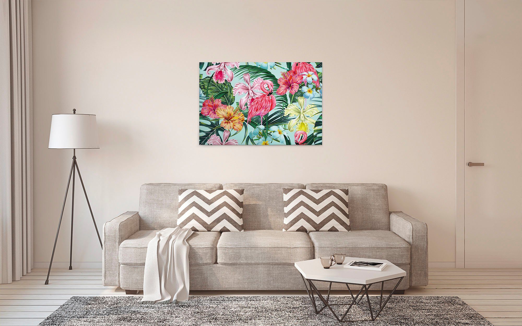 Flamingo grün, A.S. (1 rosa, Exotisch Art, Keilrahmen Leinwandbild türkis Création St), Flamingo Hawaii Blumen Dschungel
