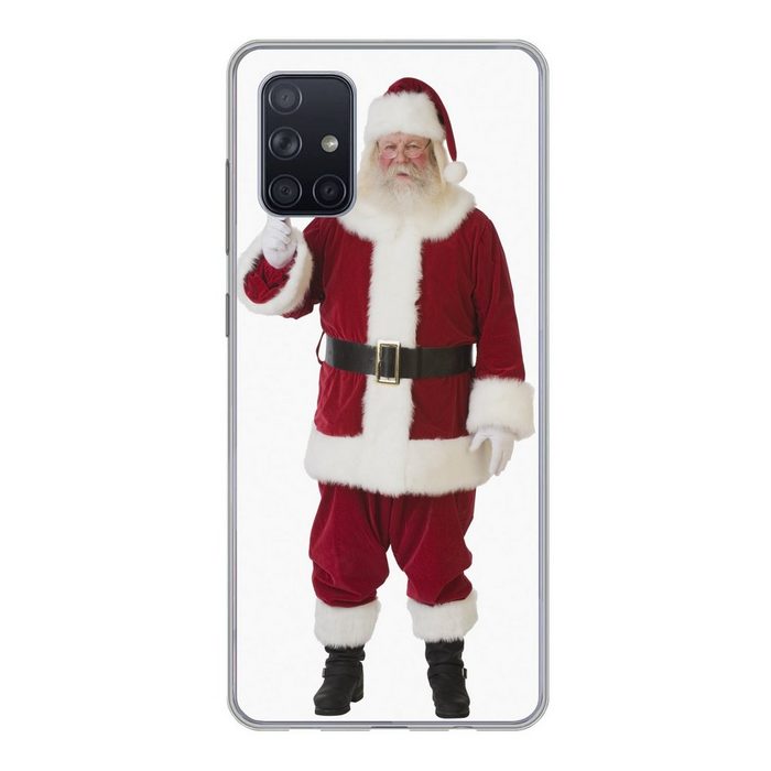 MuchoWow Handyhülle Der ikonische Weihnachtsmann läutet seine Glocke auf einem weißen Handyhülle Samsung Galaxy A51 5G Smartphone-Bumper Print Handy