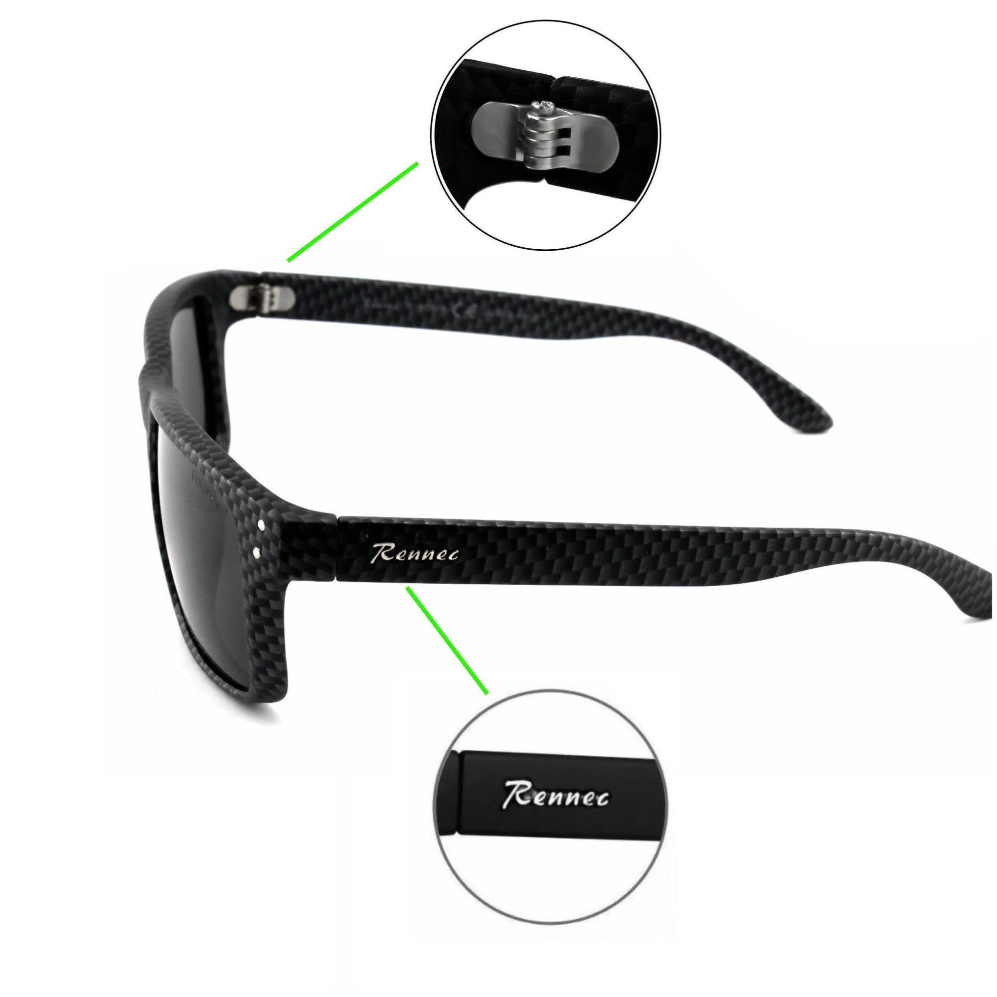 Rennec Sonnenbrille (Sonnenbrille Herren Rechteckig Carbon Design Polarisiert Orange Verspiegelt) Motorsport Brille mit Markenlogo und 3in2 Edelstahl Bügelgelenke