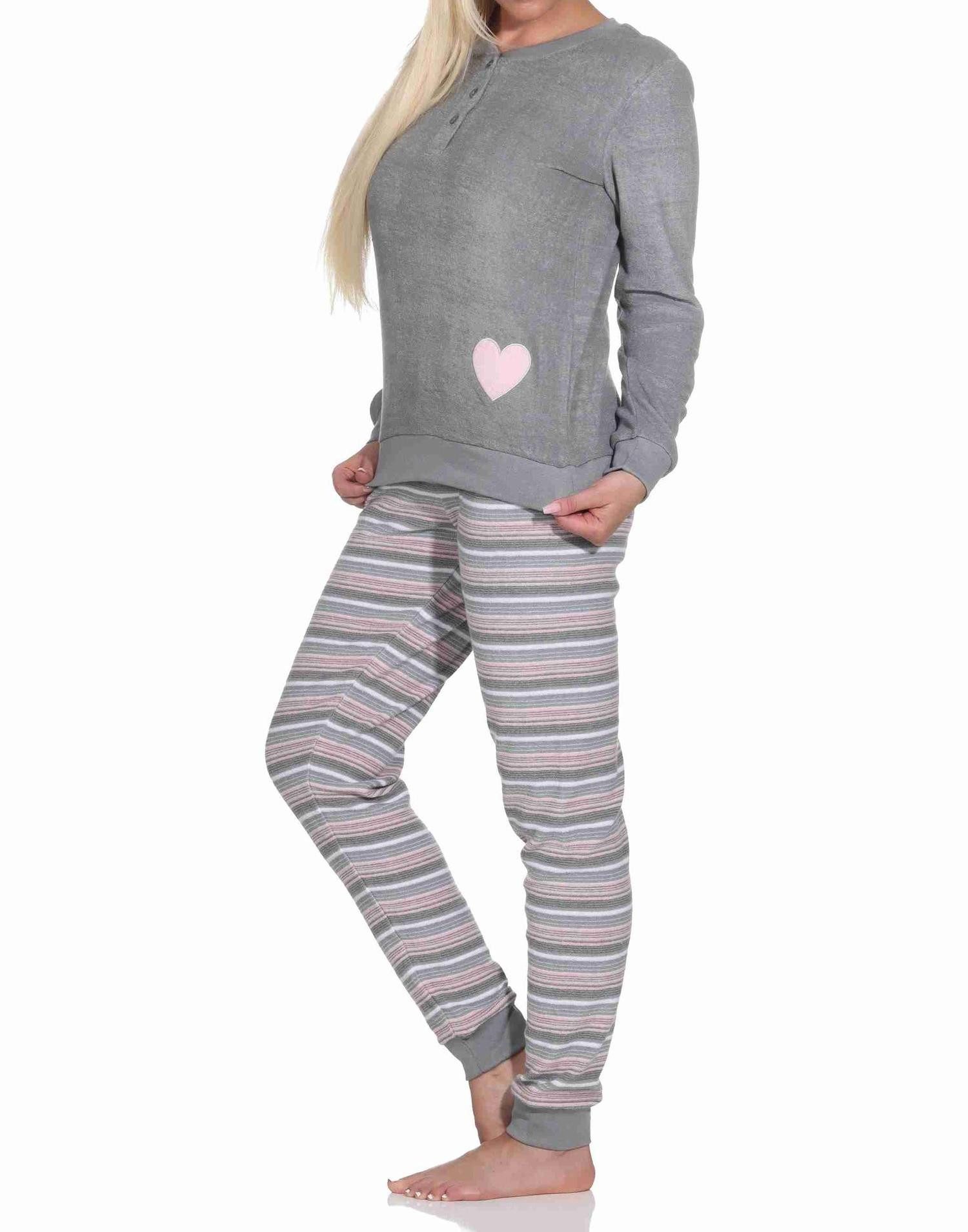 Normann Pyjama Wunderschöner Damen Frottee Schlafanzug mit Bündchen und Herz-Motiv – Bild 3 von 5